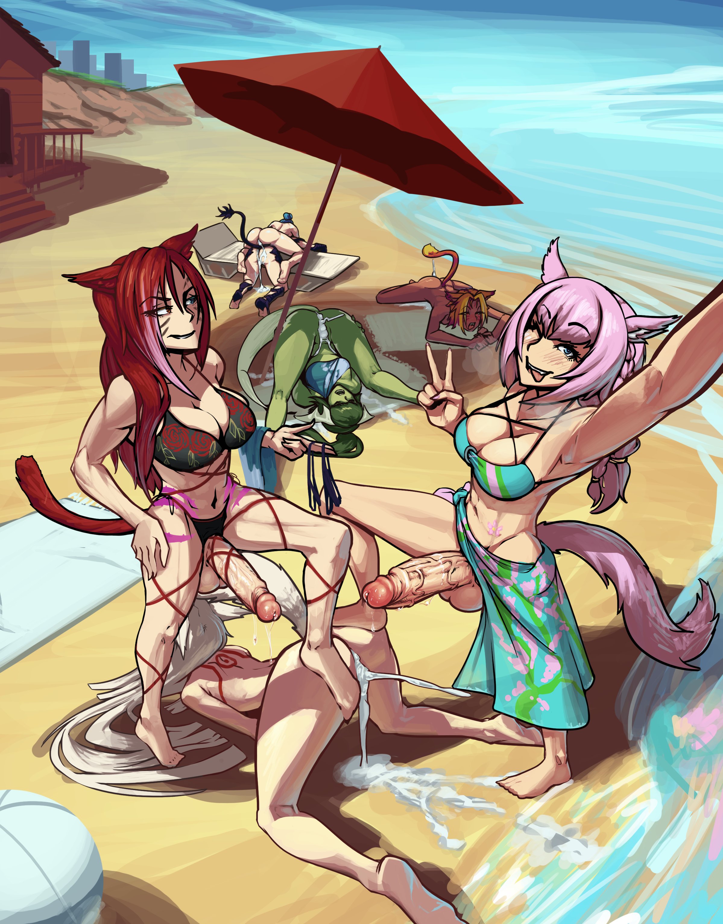 2futas, 5girls, after sex, au ra, beach, bikini, bikini top, blush, boxman, cat ears, cum, cum drip, cum in pussy, cum inside, dickgirl, domination, face down ass up, female, final fantasy, final fantasy xiv, futa on female, futadom, futanari, intersex, miqo'te, multiple females, multiple girls, nude, orgy, pussy, rape, red hair, sabrith ebonclaw, smug, tail, tayelle ebonclaw