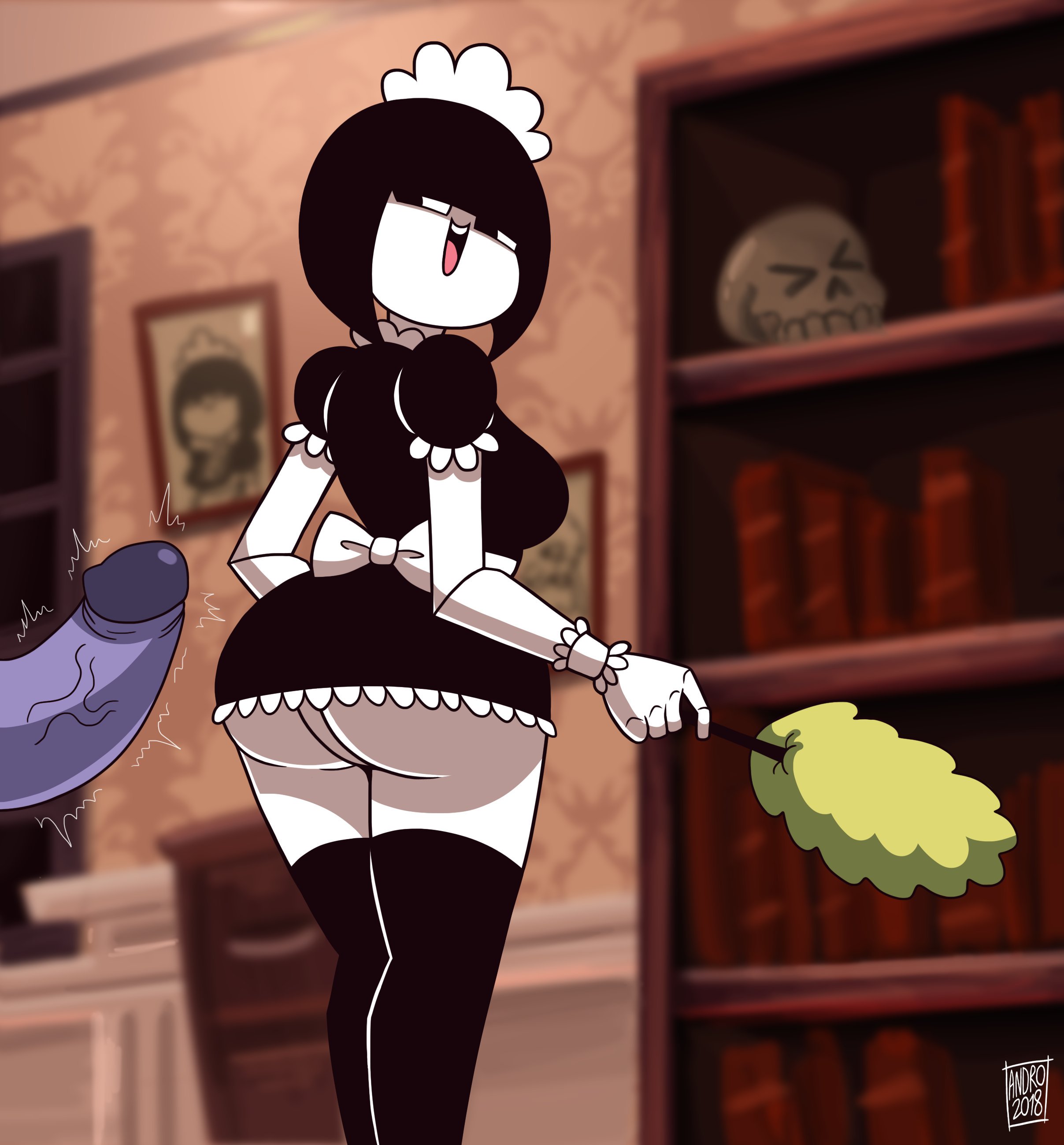 1girls, androjuniarto, ass, ass focus, big ass, breasts, clothed, dark skin, dark-skinned male, disembodied penis, female, happy, looking back, maid, maid headdress, maid uniform, maidbot (androjuniarto), male, mob face, penis, robot, robot girl, tagme, thighhighs, upskirt