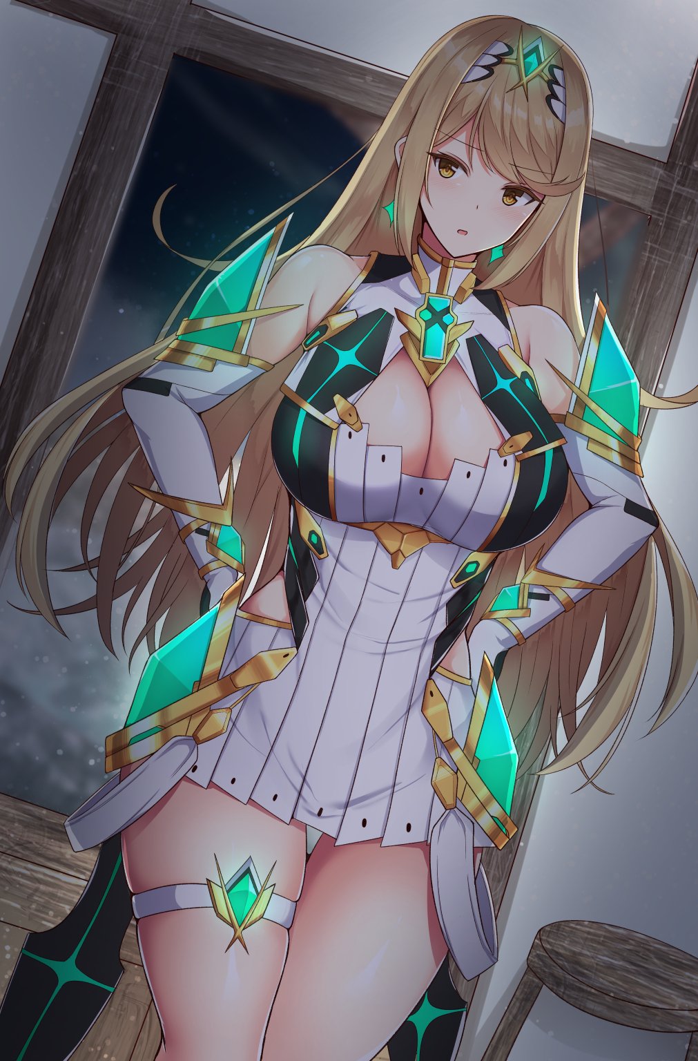 1girls, bangs, bare shoulders, big breasts, blonde hair, blush, breasts, chest jewel, cleavage, cleavage cutout, clothing, dress, earrings, elbow gloves, female, fully clothed, gem, gloves, headpiece, highres, hikari (xenoblade 2), jewelry, large breasts, long hair, looking at viewer, mythra, nintendo, noeomi, open mouth, short dress, solo, swept bangs, thigh strap, thighs, tiara, white dress, white gloves, xenoblade (series), xenoblade chronicles 2, yellow eyes