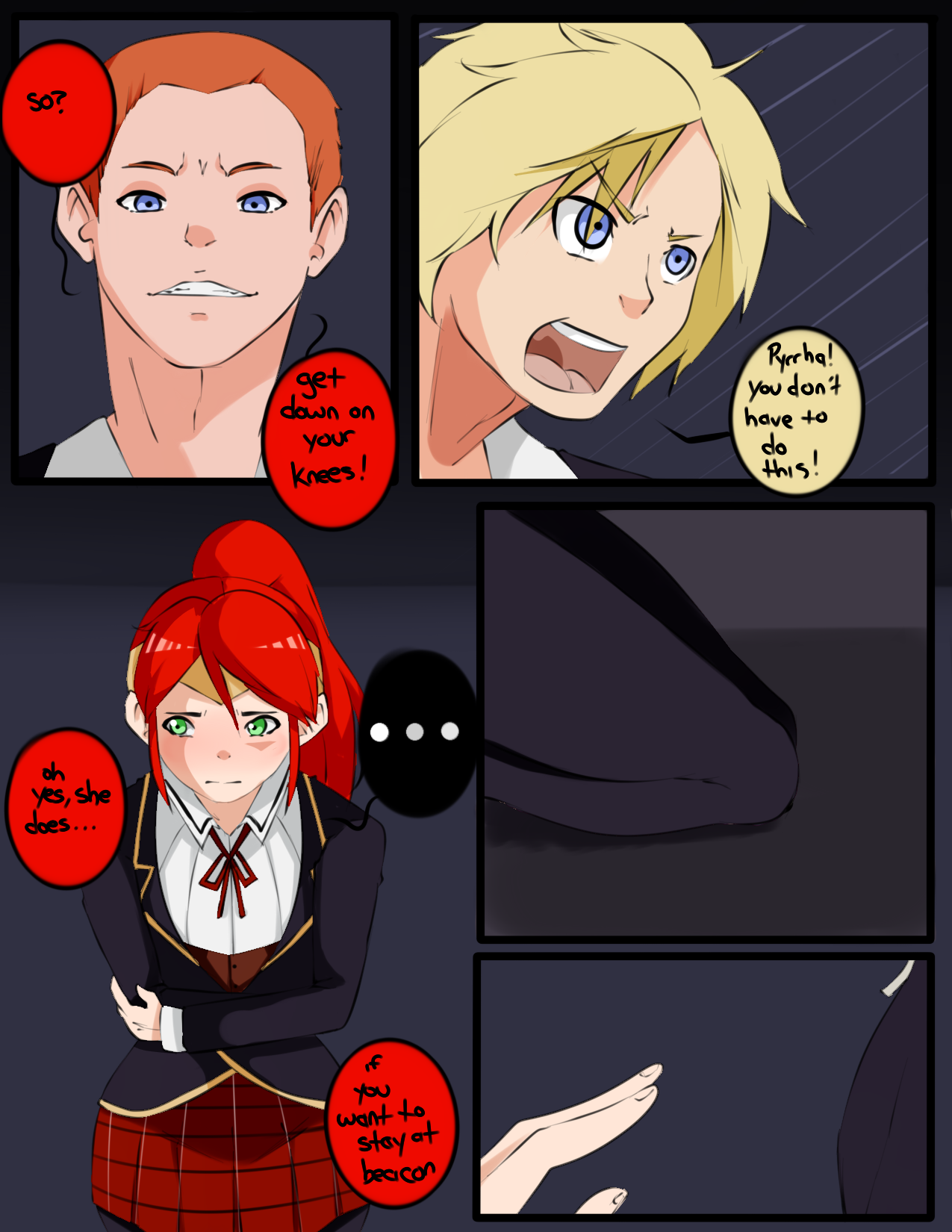 1girls, cardin winchester, checkered skirt, circlet, cucked by bully, cuckold, female, green eyes, high ponytail, imminent deepthroat, imminent oral, imminent rape, inuyuru, jaune arc, kneeling, light skin, light-skinned female, long hair, netorare, ponytail, pyrrha nikos, red hair, rwby, school uniform, schoolgirl, shiny hair, shiny skin, shy, skinny, skirt