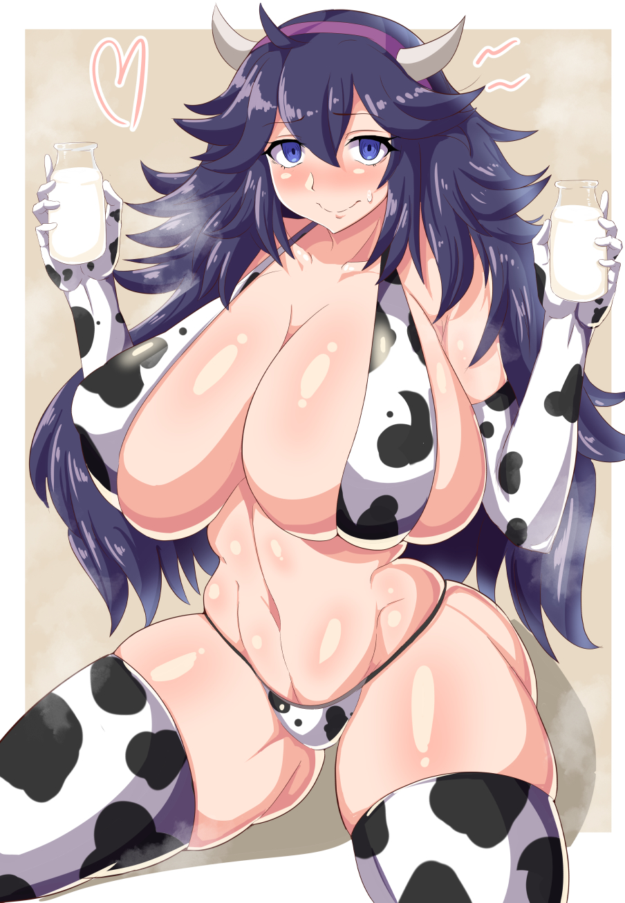 1girls abs ahoge alternate_outfit animal_horns animal_print bangs belly big_ass bikini bimbo blush bottle breasts brown_background cleavage closed_mouth collarbone cow_bikini cow_girl cow_horns cow_print cow_print_bikini eye_contact fake_horns game_freak gloves hairband half-closed_eyes heavy_breathing hex_maniac holding horns huge_breasts human large_ass large_breasts long_breasts long_hair looking_at_viewer midriff milk milk_bottle navel nintendo nose_blush open_eyes pokemon pokemon_xy purple_eyes purple_hair rururu82010664 sagging_breasts sideboob smell smile solo sweat swimsuit thick_thighs thigh_gap thighhighs thighs wet white_border wide_hips