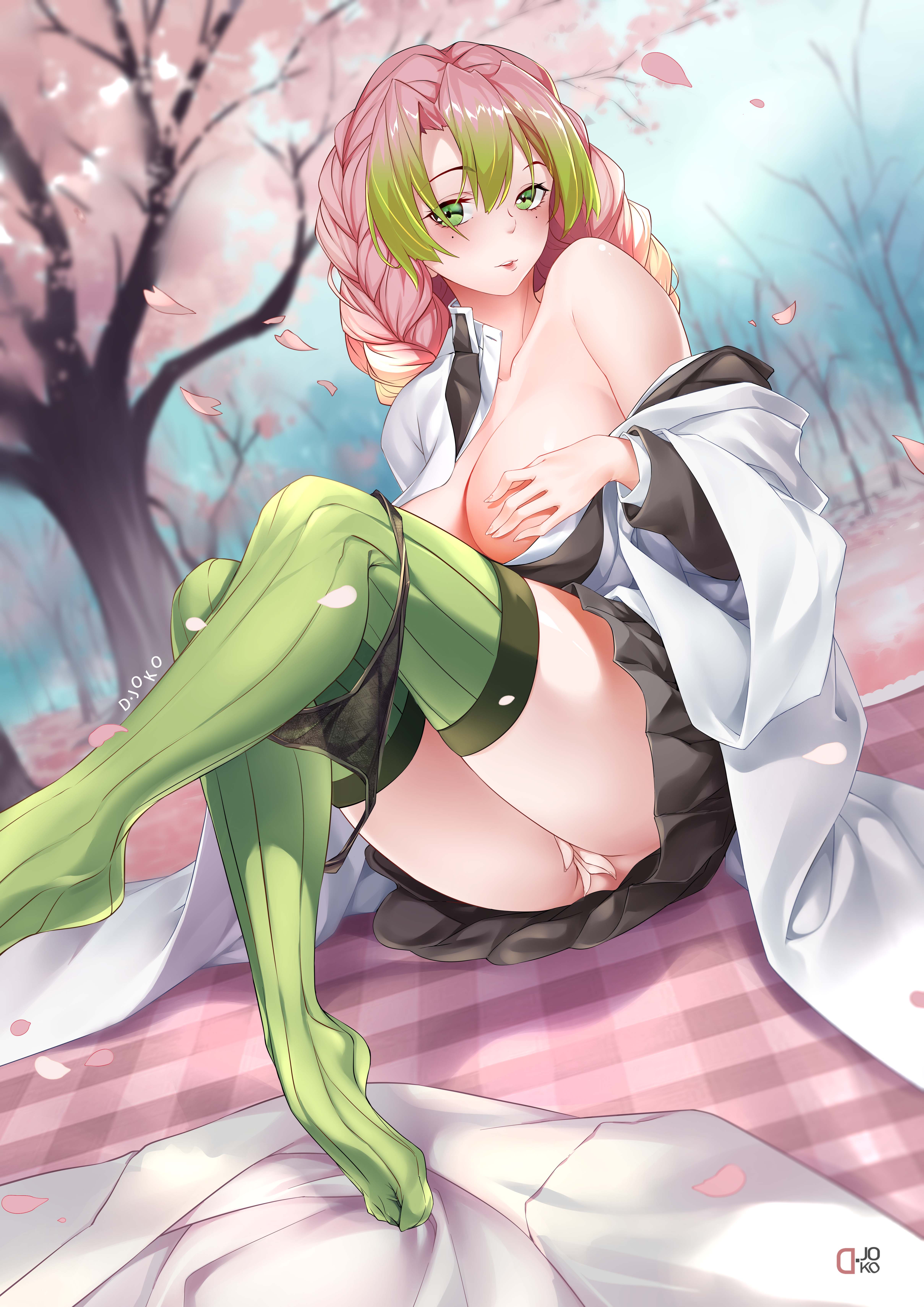 1girls, black panties, black skirt, black underwear, blush, breasts, cleavage, demon slayer, female, gradient hair, green eyes, green hair, green legwear, haori, high resolution, jacket, kanroji mitsuri, kimetsu no yaiba, knees up, large breasts, long sleeves, looking at viewer, mole, mole under eye, multicolored hair, no bra, off shoulder, open clothes, open jacket, open mouth, outdoors, pantsu, parted lips, pink hair, pink-haired female, sitting, skirt, smile, solo, striped, striped legwear, thighhighs, tied hair, toe socks, toes, underwear, undressing, vertical stripes, vertical-striped legwear, very high resolution
