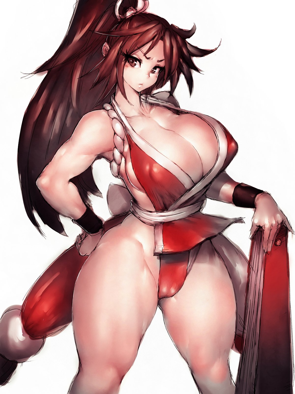 1girls, big breasts, breasts, cleavage, erect nipples, fatal fury, female, female only, fumio (rsqkr), king of fighters, kunoichi, large breasts, looking at viewer, mai shiranui, ninja, nipples, ponytail, solo, thick thighs