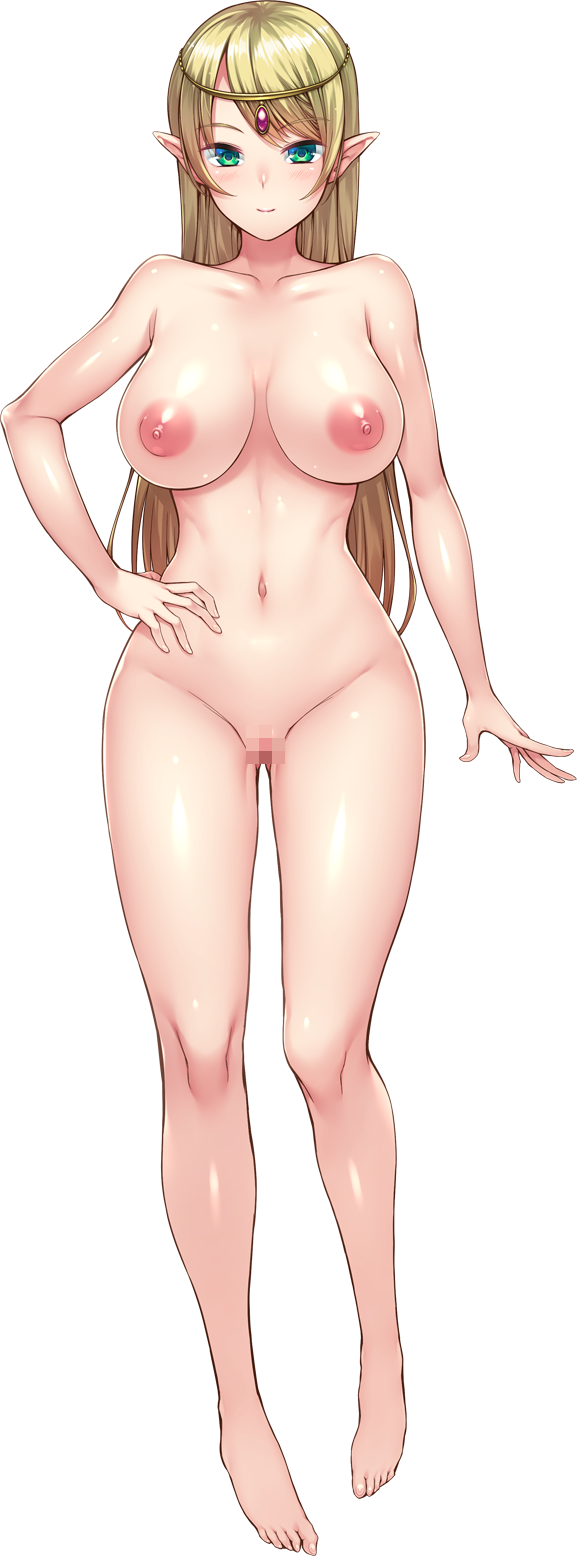 aburisamon barefoot blonde_hair breasts censored circlet elf elf_female elf_girl emilia_(tanetsuke_ojisan_isekai_e) facing_viewer female_elf full_body game_cg hand_on_hip highres large_breasts long_hair looking_at_viewer mosaic_censoring navel nipples pointy_ears pussy shiny shiny_skin smile tanetsuke_ojisan_isekai_e transparent_background