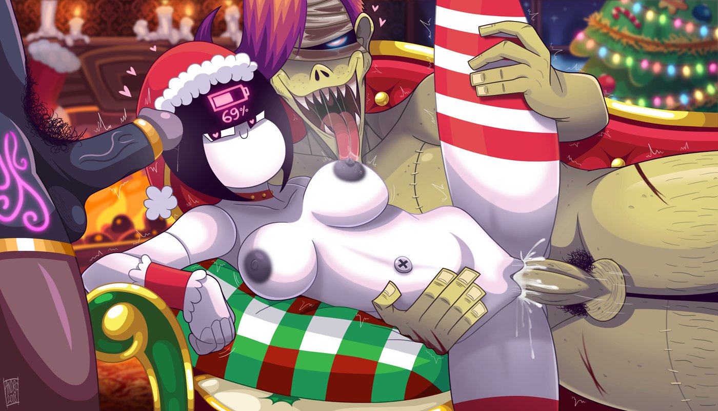1girls, 2boys, androjuniarto, breasts, christmas, cum, cum in pussy, cum inside, dark skin, dark-skinned male, female, maidbot (androjuniarto), male, mob face, penetration, penis, pussy, robot, straight, tagme, thighhighs, threesome, vaginal penetration