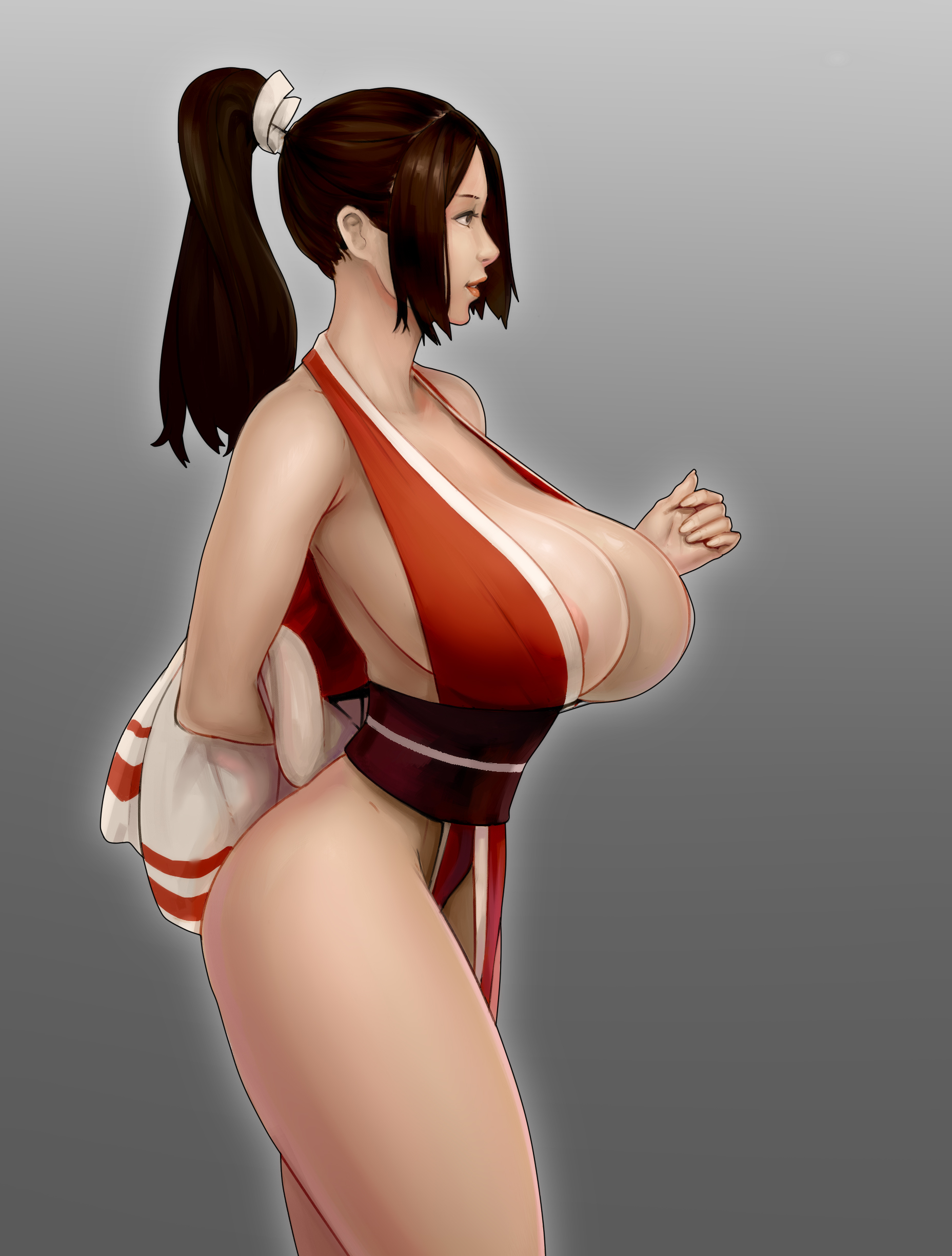 1girls, areolae, breasts, cleavage, fatal fury, female, female only, grey background, huge breasts, king of fighters, mai shiranui, materclaws, solo