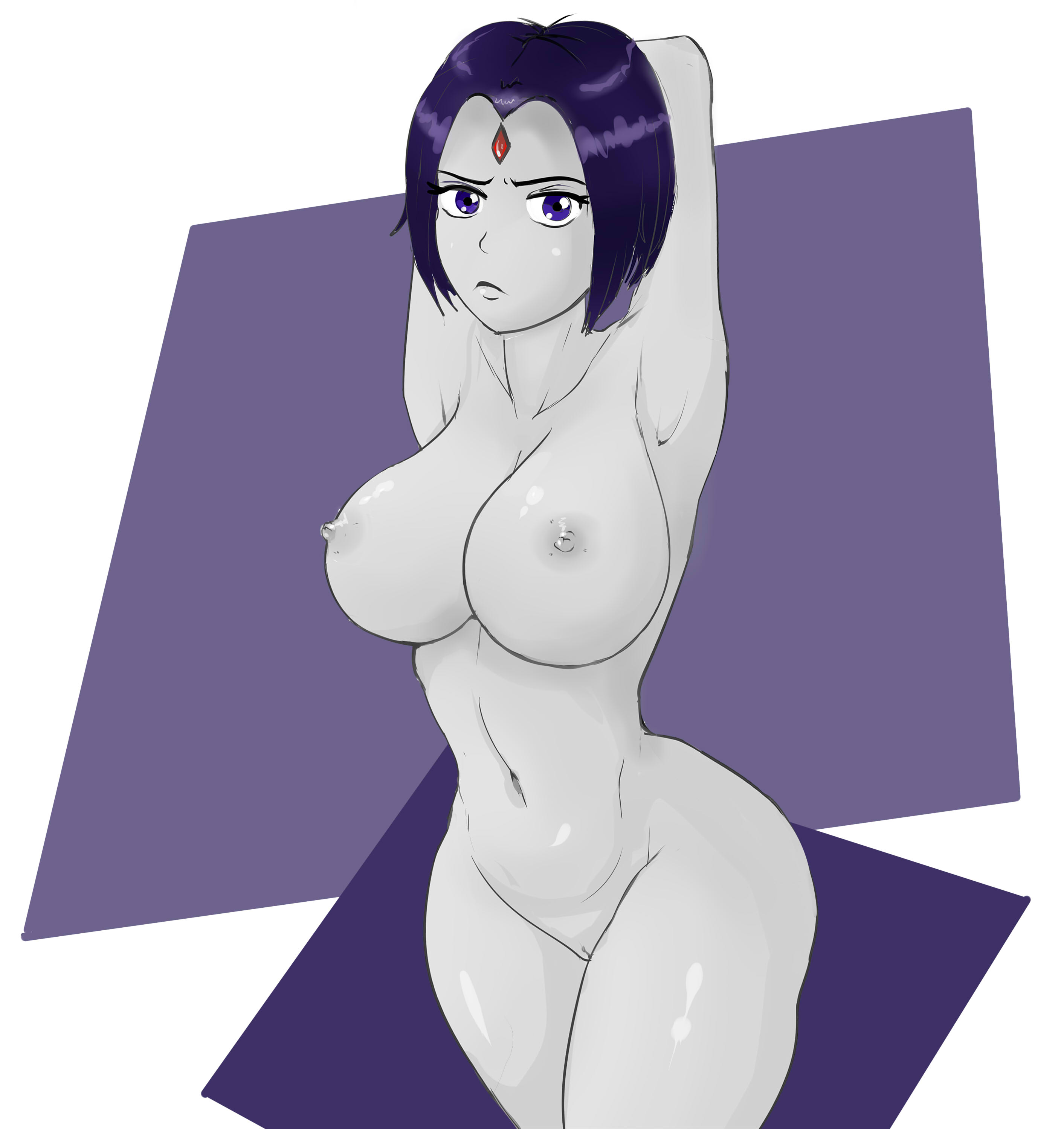 1girls, 2019, areolae, armpits, arms up, bob cut, breasts, cartoon network, color, curvy, dc, dc comics, female, g3mma, large breasts, naked, nipples, nude, pale skin, purple eyes, purple hair, pussy, rachel roth, raven (dc), smooth skin, solo, standing, teen titans