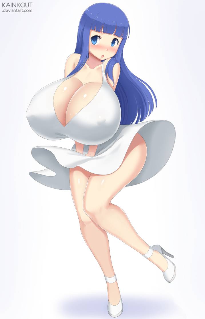 blue eyes, blue hair, breasts, female, huge breasts, kainkout, white dress