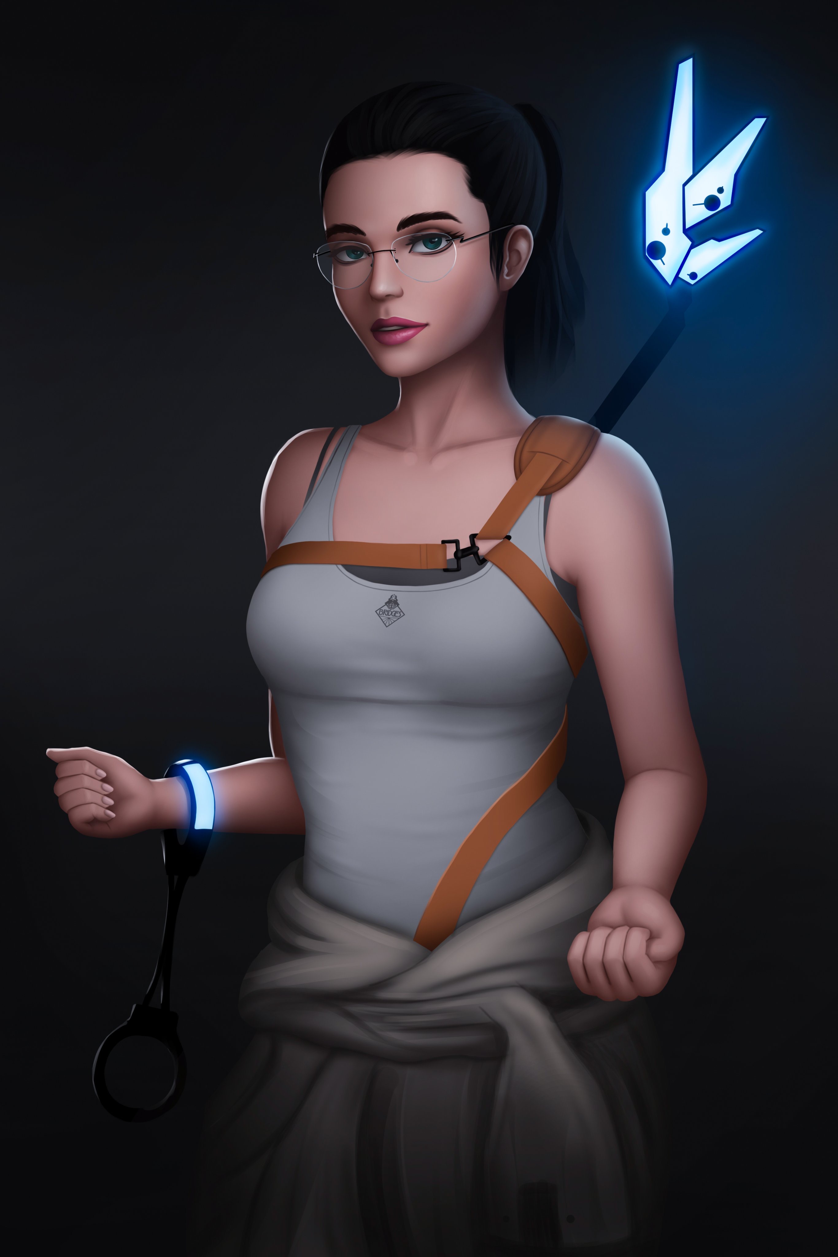 1girls, arduin (arduin art), arduina, black hair, blue eyes, breasts, brown hair, death stranding, female, glasses, light skin, light-skinned female, lipstick, looking at viewer, mama (death stranding), margaret qualley, naughty face, pale skin, pale-skinned female, ponytail, slim, solo, teasing, tied hair