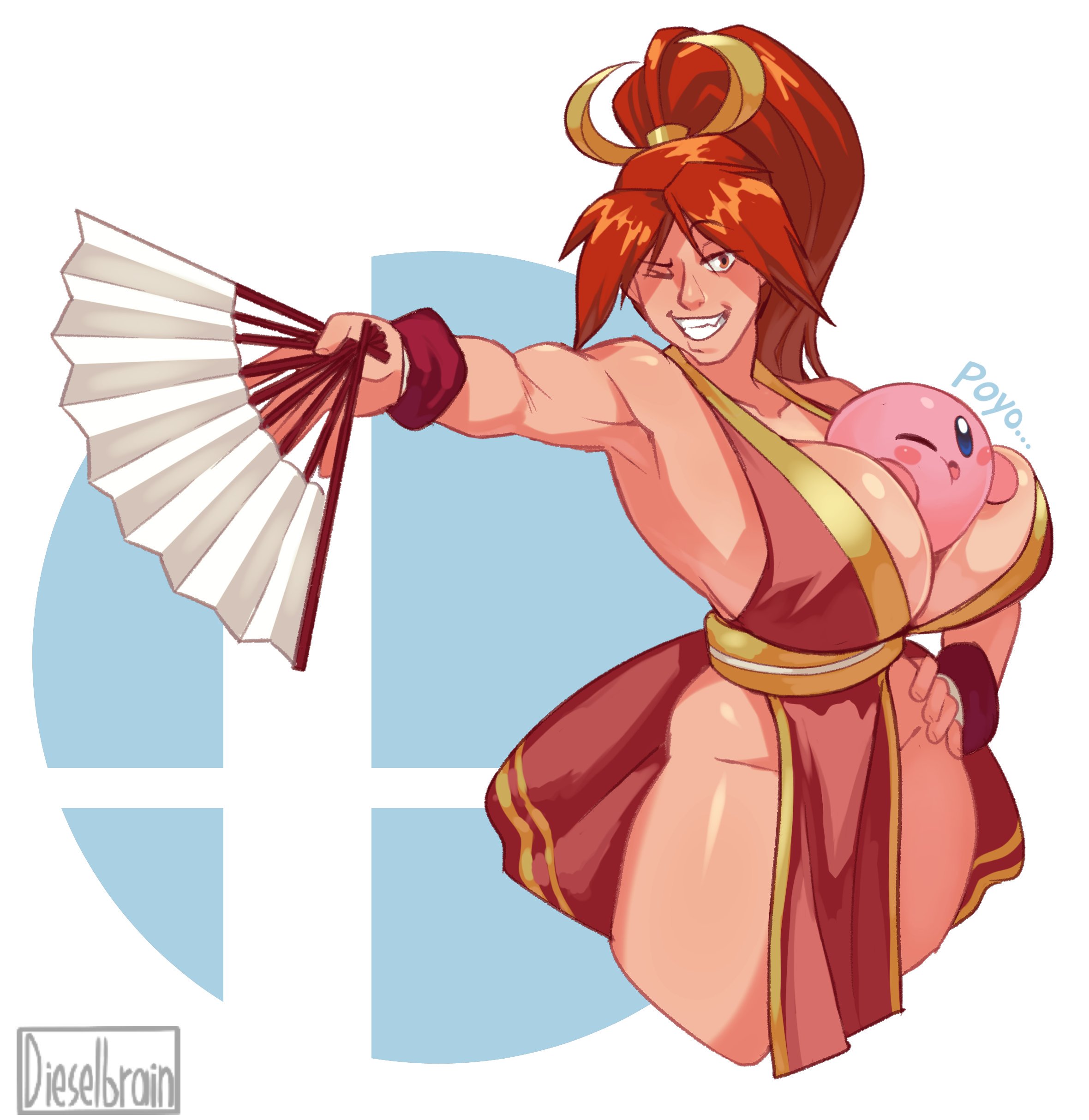 armpits, bare arms, bare legs, bare shoulders, between breasts, big breasts, breasts, brown hair, busty, chinese dress, cleavage, dieselbrain, fatal fury, female, huge breasts, king of fighters, kirby, kirby (series), mai shiranui, muscular, muscular female, naughty face, nintendo, pinup, ponytail, pose, posing, seductive, seductive smile, smile, standing, super smash bros., tagme, thick thighs, wide hips