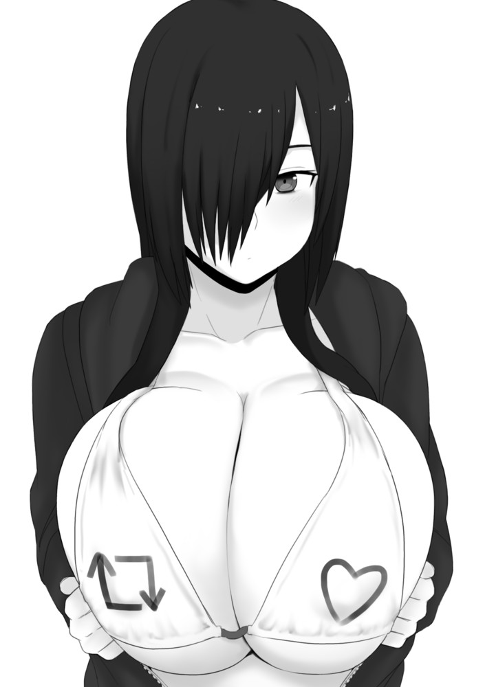 bikini_top black_hair cleavage female gigantic_breasts huge_breasts large_breasts like_icon monochrome nao_(ritsancrossover) pai-chan_(nao) retweet_icon short_hair twitter