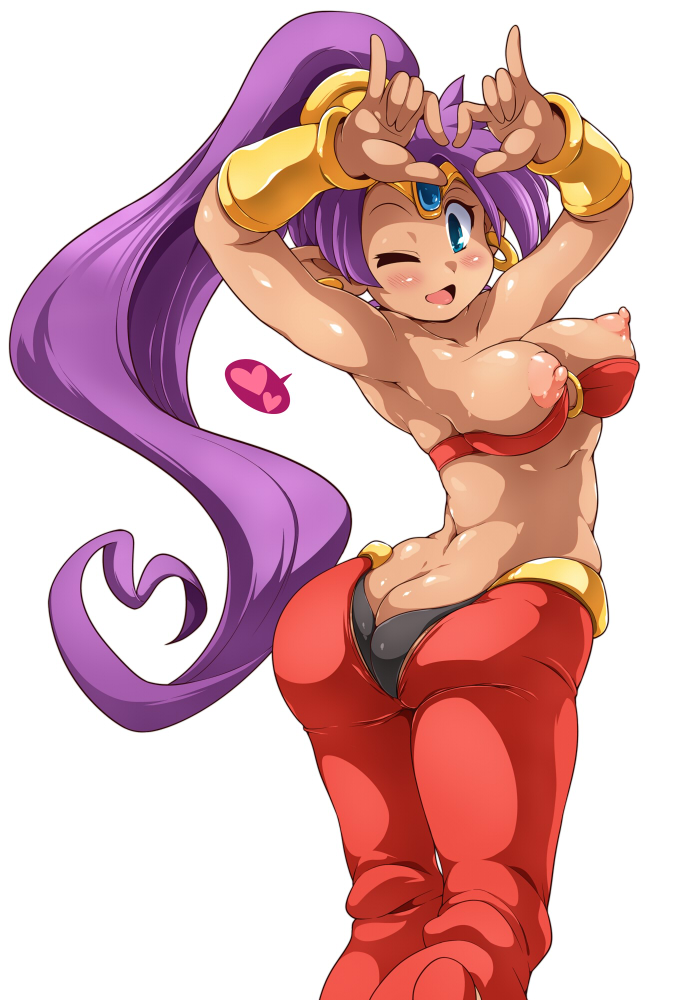 ass ass_cleavage blue_eyes blush breasts butt_crack clothing earrings female long_hair nipples pointy_ears ponytail purple_hair shantae shantae_(character) smooth_skin solo sugiura wink