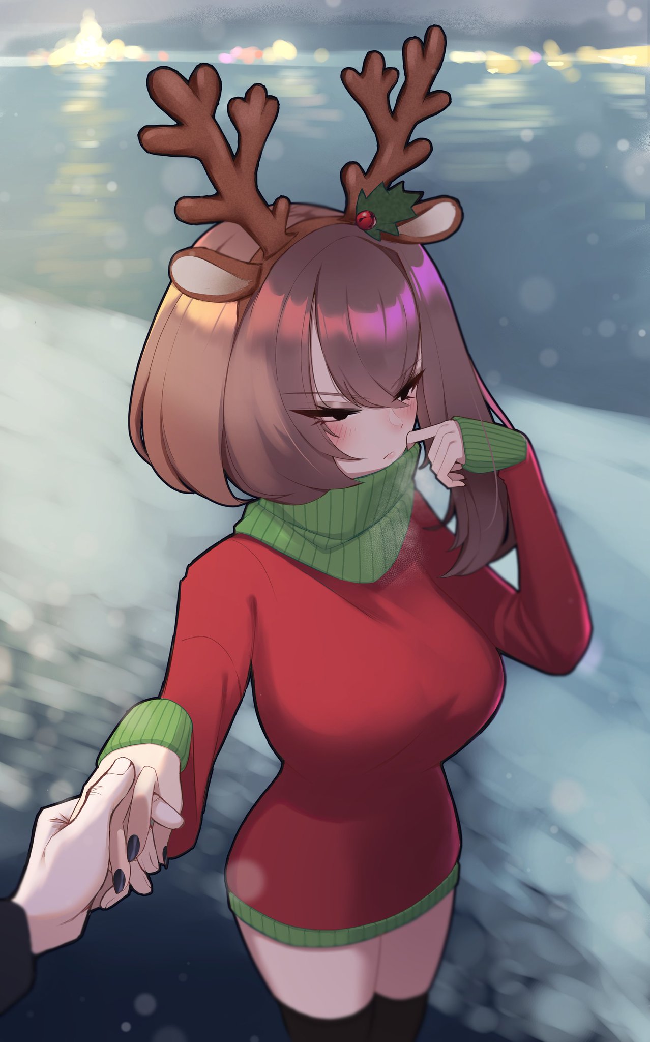 breasts brown_hair caroline_(psidubs) christmas christmas_clothing christmas_outfit cute holding_hand light-skinned_female light_skin psidubs reindeer_hair_ornament short_hair thighhighs thighs winter