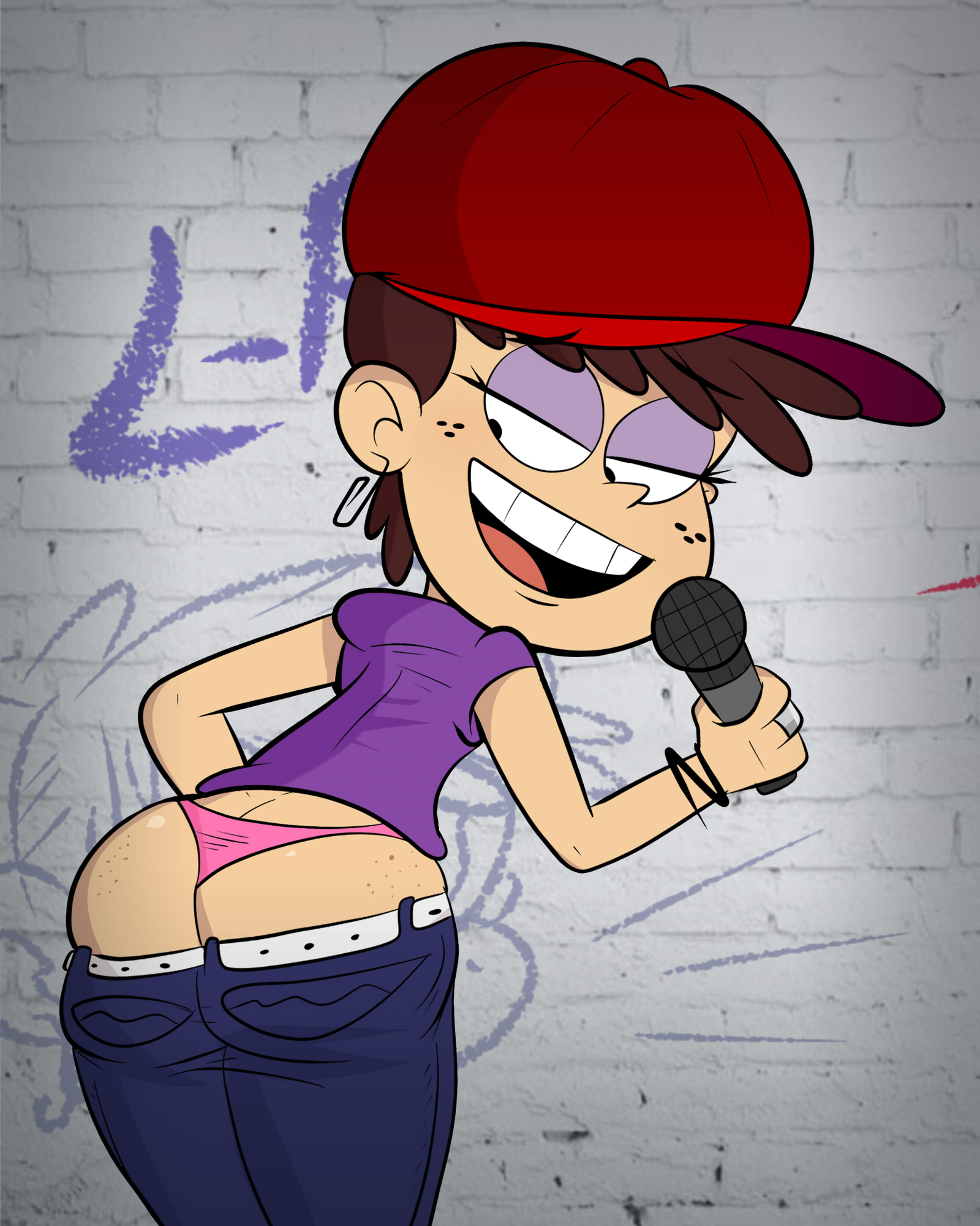 ass, ass cleavage, ass crack, back view, big ass, brown hair, butt crack, clothes, clothing, eyeshadow, female, female only, half-closed eyes, hat, luna loud, microphone, mooning, panties, pants, pants down, pink panties, scobionicle99, short hair, solo, straight hair, the loud house, twerking
