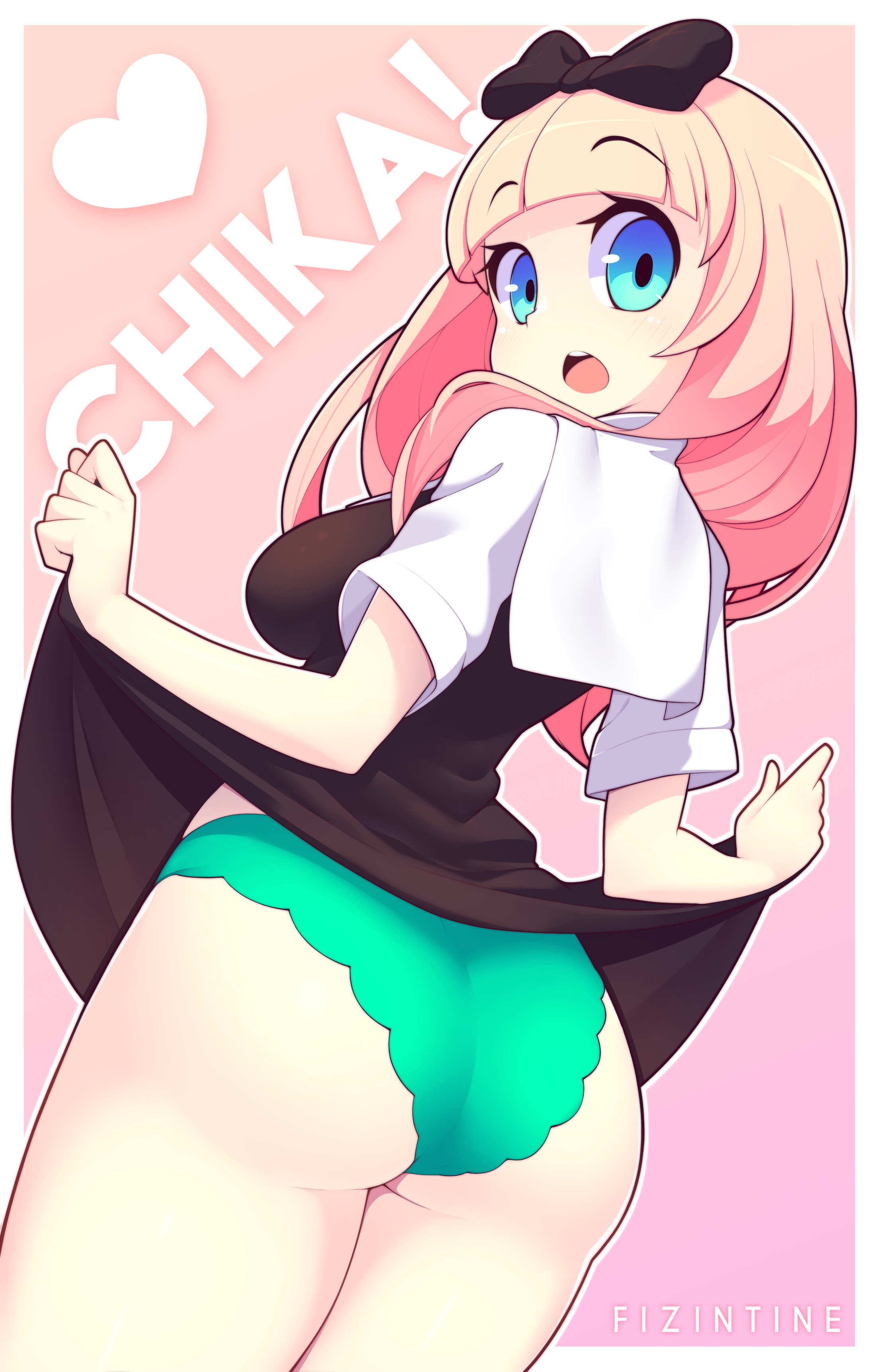 ass, curvaceous, dress lift, dress pull, dress up, female, fizintine, fujiwara chika, green panties, kaguya-sama wa kokurasetai ~tensai-tachi no renai zunousen~, looking at viewer, looking back, panties, plump ass, surprised, thin arms, thin waist, voluptuous, wide eyes