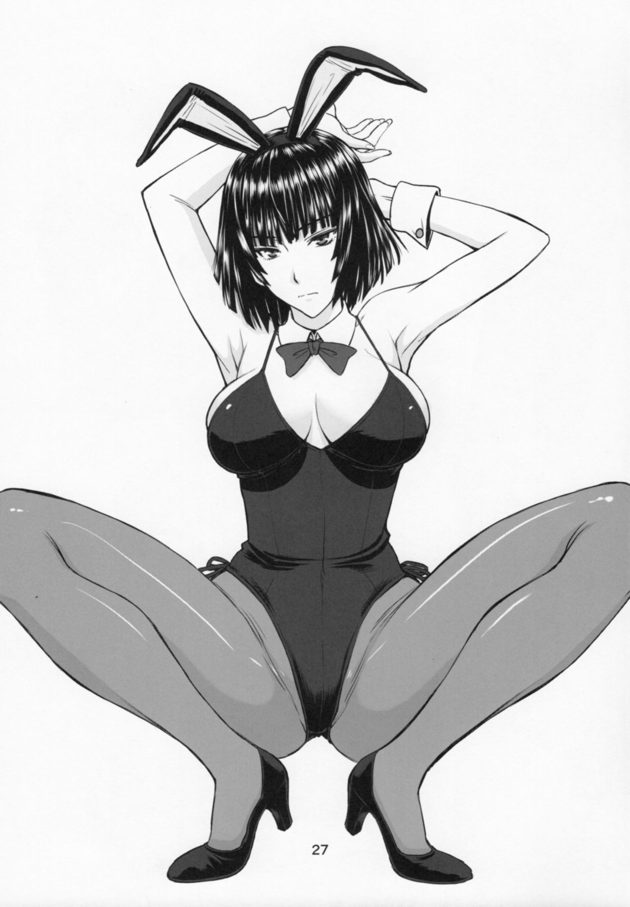 1girls, big breasts, black hair, bob cut, bowtie, breasts, bunny ears, bunnysuit, detached collar, female, fubuki (one-punch man), high heels, monochrome, one-punch man, pantyhose