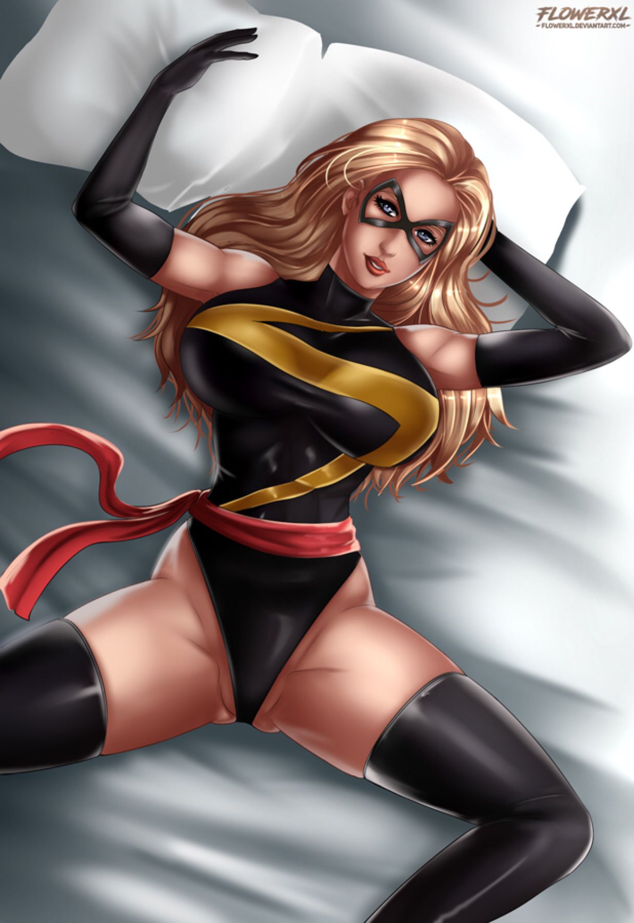 bed, blonde hair, blue eyes, carol danvers, costume, female, flowerxl, gloves, looking at viewer, lying on back, marvel, marvel comics, mask, ms. marvel, ms. marvel (carol danvers), pussy, pussy peek, superheroine, thighhighs, tight clothing