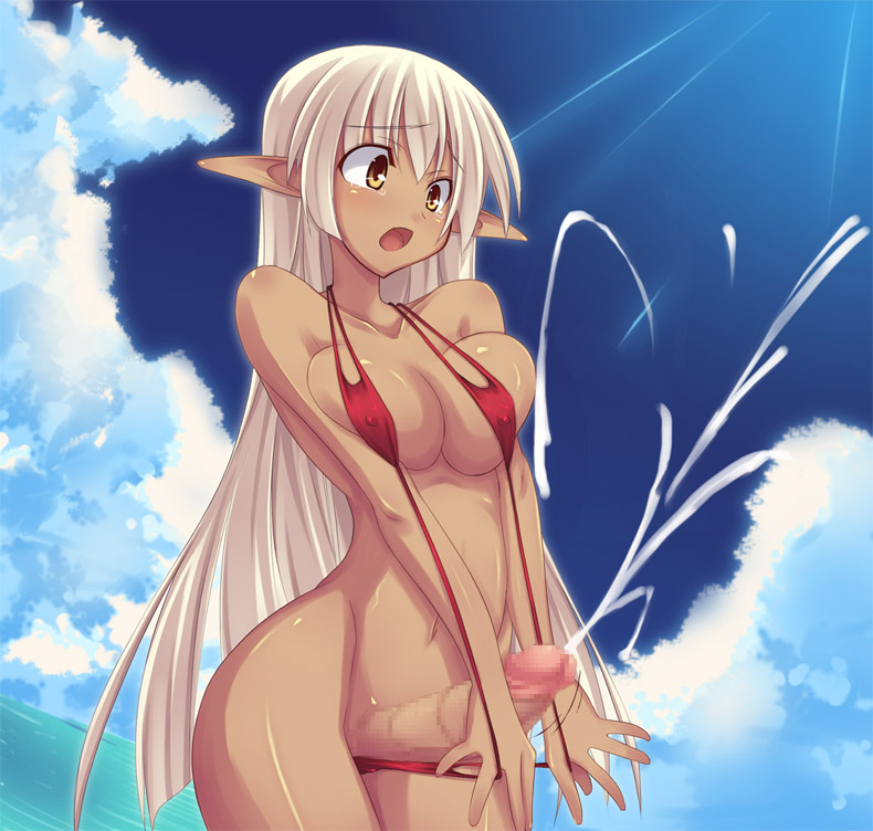 1futa breasts censored clouds copyright_request cum dark_skin dutch_angle ejaculation erect_nipples futa_sans_balls futanari handsfree_ejaculation intersex large_breasts long_hair open_mouth penis pointy_ears projectile_cum shimakaze shock silver_hair sling_bikini solo_futa soundz_of_bell surprised swimsuit tears thighs yellow_eyes