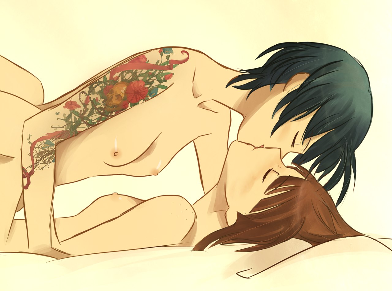 2girls, blue hair, breasts, brown hair, chloe price, female, french kiss, girls kissing, life is strange, max caulfield, multiple females, multiple girls, negom, nude, photoshop, romantic, short hair, small breasts, tattoo, yuri