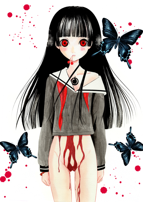 bangs black_hair blood blunt_bangs bottomless butterflies butterfly cherries cherry enma_ai food fruit hime_cut jigoku_shoujo long_hair mouth_hold pointy_chin red_eyes school_uniform serafuku solo takeshita_kenjirou