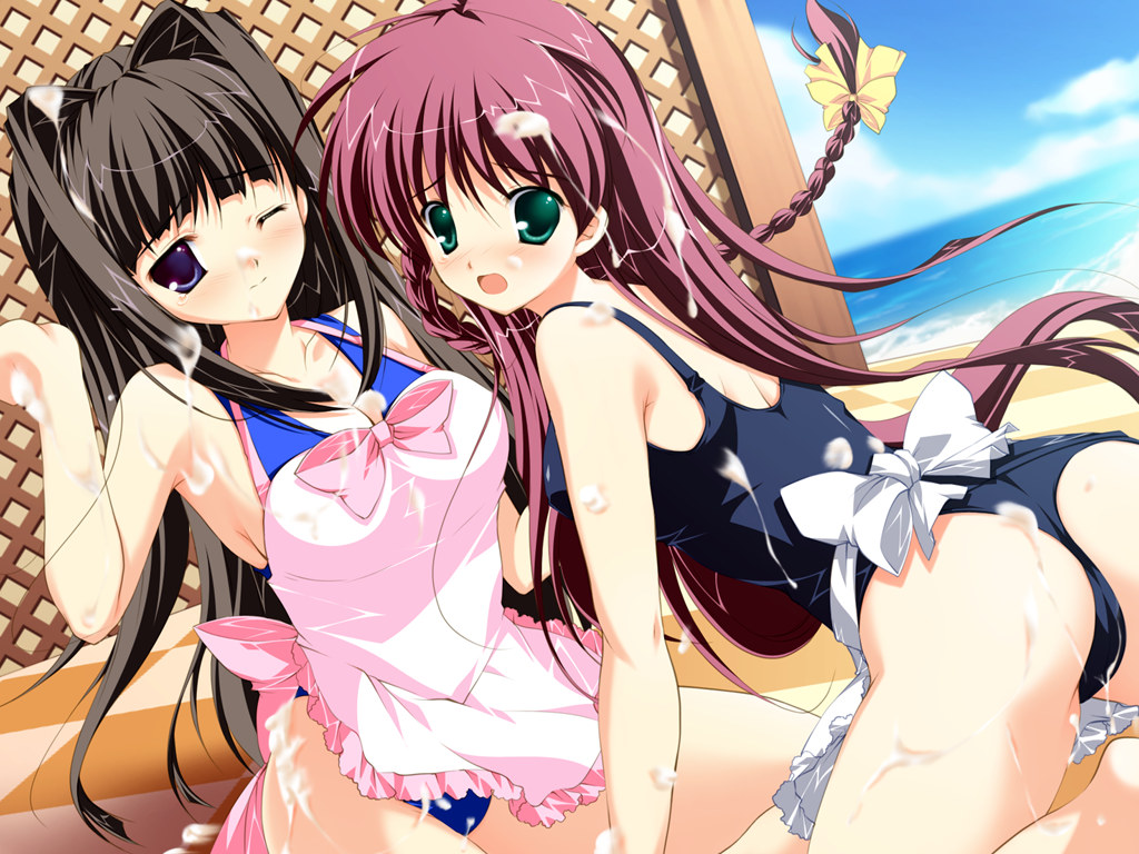 apron ass beach black_hair blue_eyes cum female female_only game_cg green_eyes kneeling konneko long_hair lyrical_ds mikeou multiple_girls one-piece_swimsuit purple_hair school_swimsuit swimsuit tachihara_kazune waist_apron wink yuuki_nako