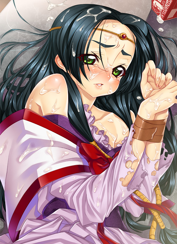 1girls black_hair bondage bound bound_wrists circlet code_geass cum cum_on_clothes cum_on_hair cum_on_upper_body facial female female_only green_eyes kink_(tortoiseshell) long_hair scared solo sumeragi_kaguya tape taped_wrists tears torn_clothes