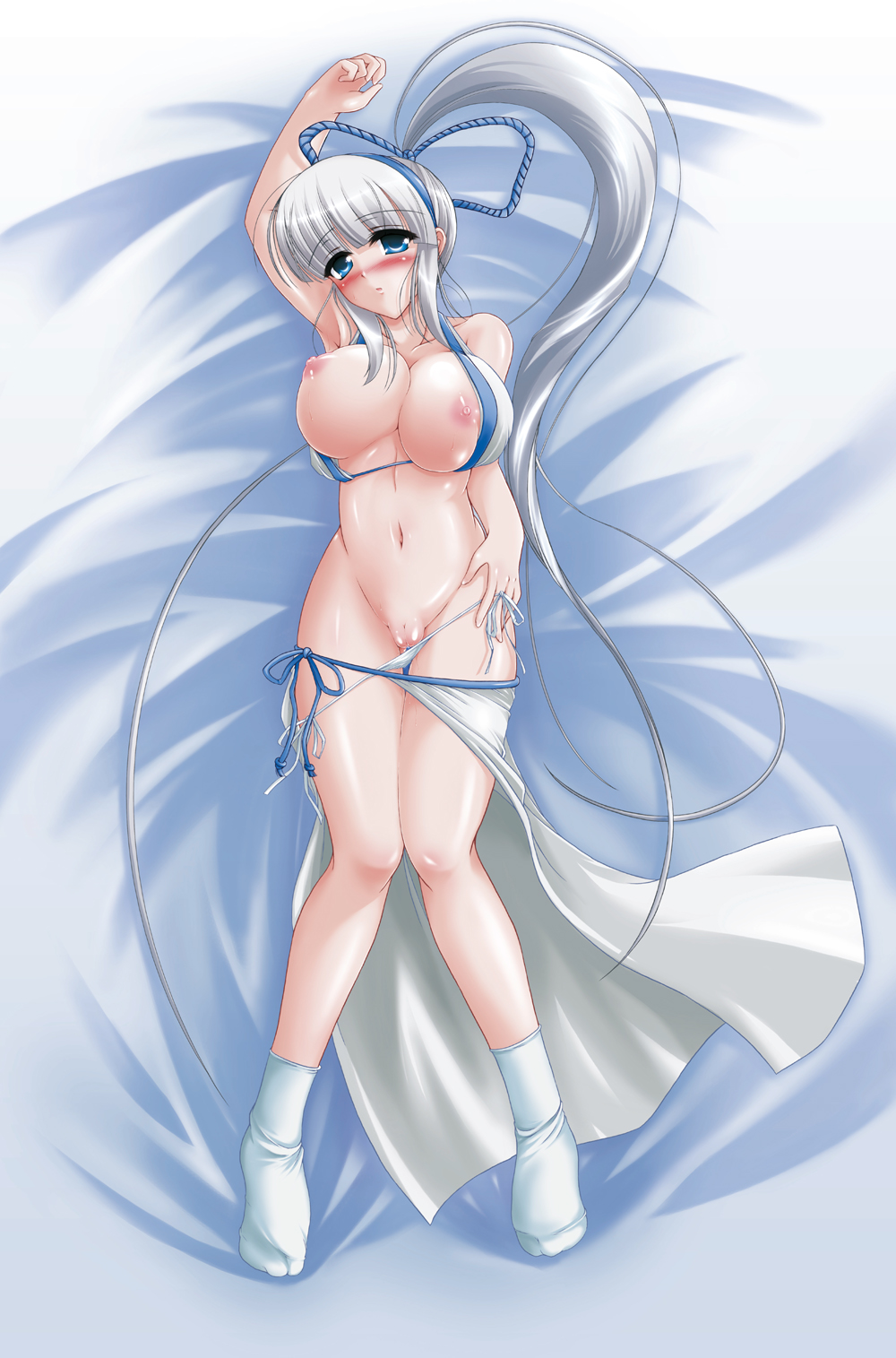 bikini_pull blue_eyes blush breasts c.r. dakimakura highres huge_breasts long_hair majikina_mina navel ponytail pussy samurai_shodown side-tie_bikini silver_hair snk swimsuit tied_hair uncensored