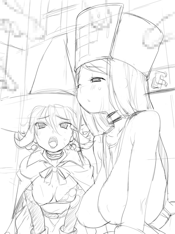 breasts censored clothing dragon_quest dragon_quest_iii earrings hat jewelry large_breasts long_hair mage_(dq3) mitre monochrome nora_higuma open_mouth penis priest_(dq3) sketch sweat witch_hat