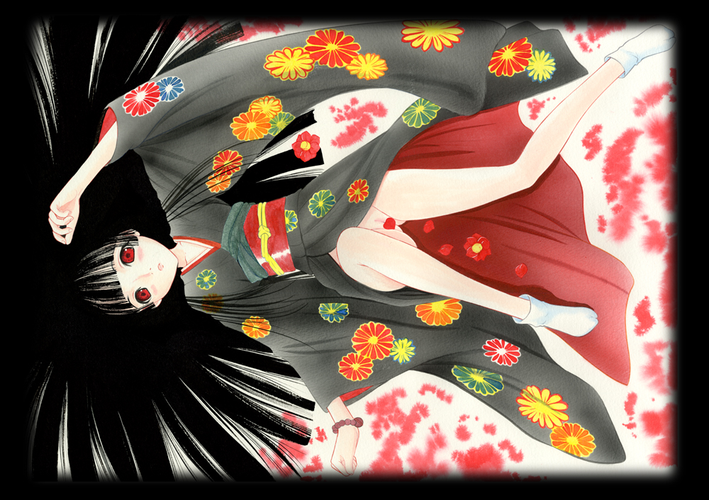 bangs black_hair blunt_bangs censored convenient_censoring enma_ai flower hime_cut japanese_clothes jigoku_shoujo kimono long_hair lying no_panties petals red_eyes tabi takeshita_kenjirou