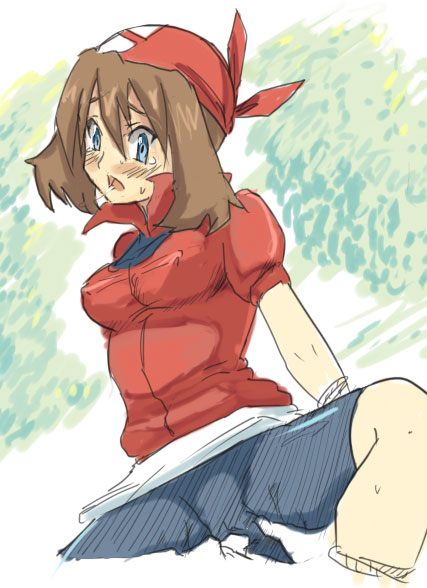 bandana bike_shorts blush breasts brown_hair clothed_masturbation clothing dutch_angle erect_nipples erect_nipples_under_clothes female female_only fingering hat human human_only latex masturbation may_(pokemon) pokemon pokemon_rse red_bandana short_hair shorts sigred small_breasts solo spread_legs straight_hair sweat