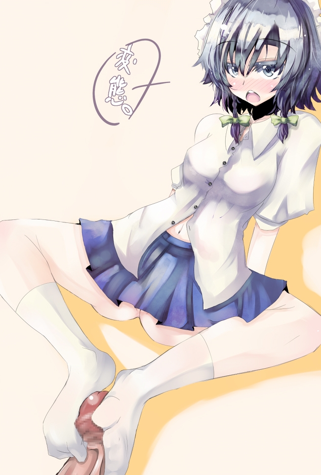 blush braid censored feet footjob footjob_with_legwear footwear no_panties open_mouth penis ribbon sakuya_izayoi short_hair socks solo tora touhou twin_braids