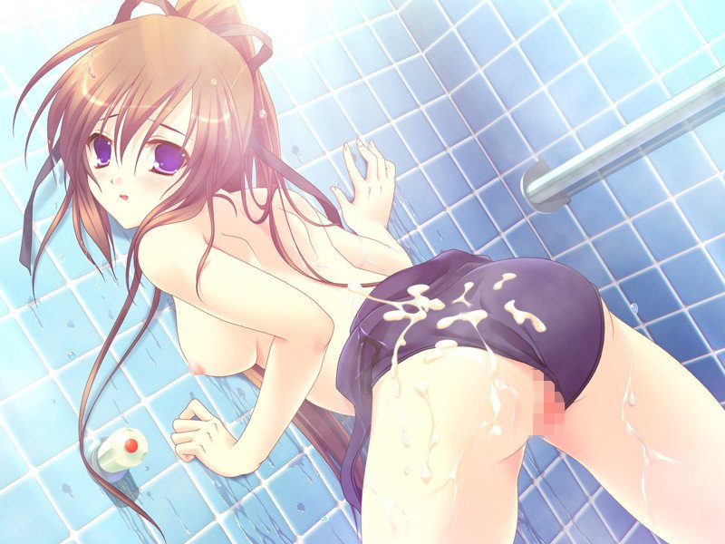 ass breasts brown_hair censored cum cum_on_ass cum_on_back cum_on_body cum_on_clothes cum_on_lower_body cum_on_upper_body game_cg irie_mitsuki jpeg_artifacts long_hair one-piece_swimsuit ponytail purple_eyes pussy satou_satoru shower swimsuit swimsuit_aside tied_hair topless tsukushite_ageru_no_ni! wet