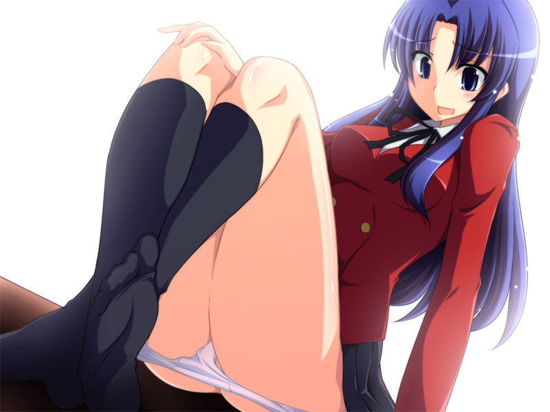 blue_hair blush clothing feet footwear kawashima_ami kneehighs long_hair nagami_yuu panties panty_pull school_uniform sitting skirt socks toradora! underwear white_panties