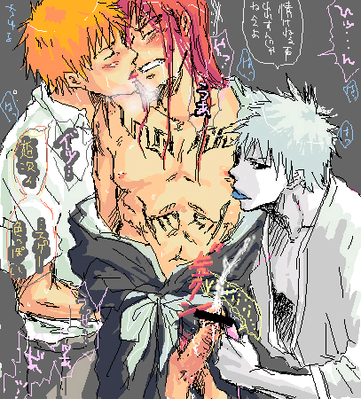 bleach closed_eyes cum cumshot erection forced_orgasm gay heavy_breathing hollow hollow_ichigo ichigo_kurosaki japanese_text licking long_hair male male_only nipples penis renji_abarai robe shirtless tattoos threesome two_on_one vibrator yaoi zangetsu