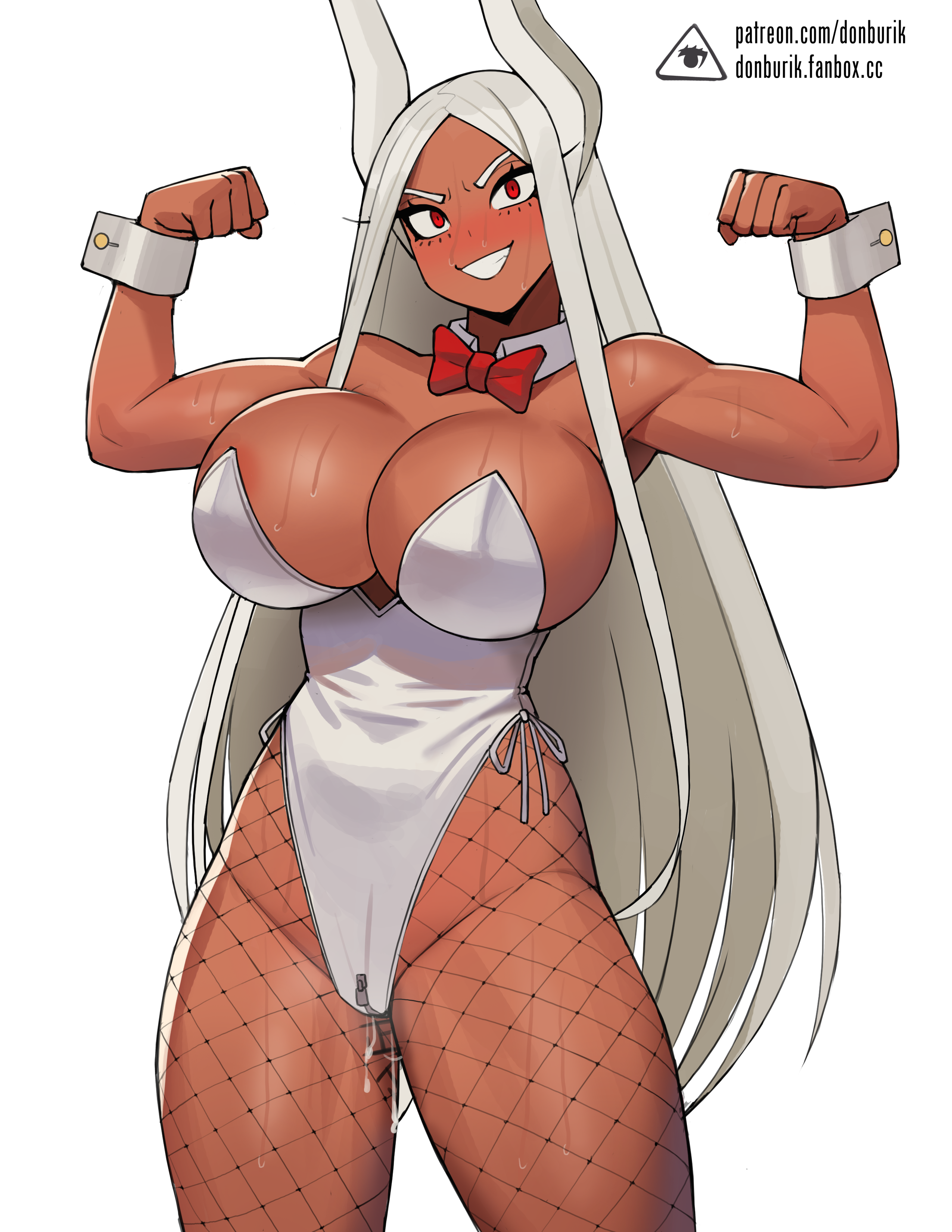 1girls, body writing, breasts, bunny girl, bunnysuit, cum drip, dark skin, dark-skinned female, donburikazoku, female, flexing, grin, highleg leotard, hips, huge breasts, latex, leotard, long hair, milf, miruko, muscular, muscular female, my hero academia, rabbit ears, red eyes, rumi usagiyama, shiny clothes, slim waist, smile, solo, sweat, thick thighs, thighs, tight clothing, v, white hair, wide hips