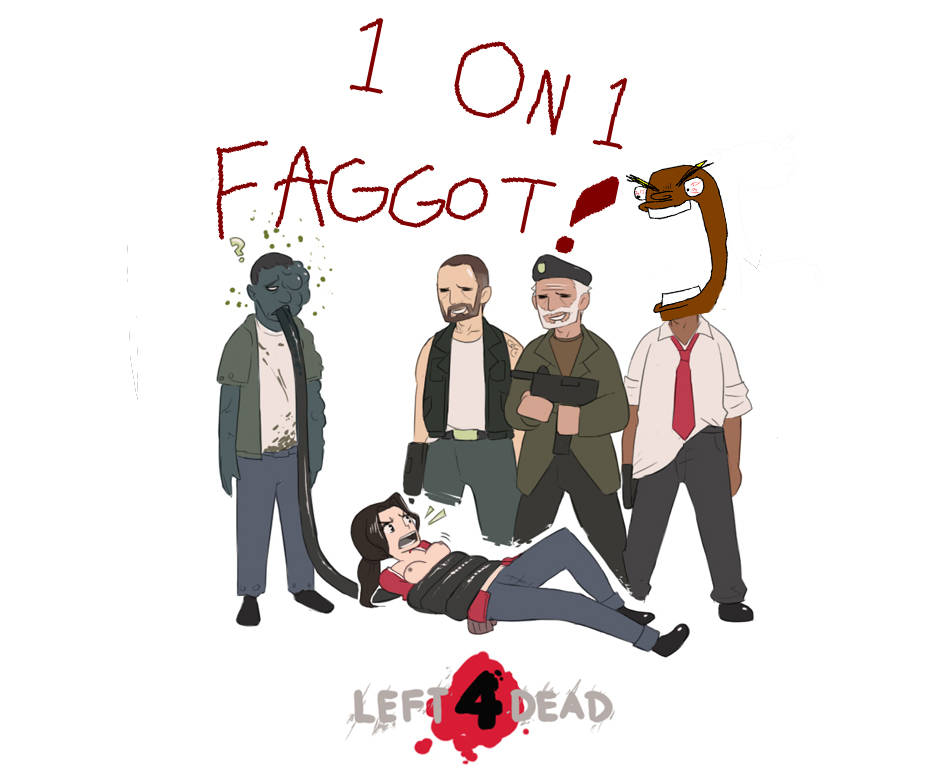 1girls 4boys artist_request bill_(left_4_dead) dark-skinned_male dark_skin edit edited f-slur francis_(left_4_dead) left_4_dead louis_(left_4_dead) slur zoey_(left_4_dead) zombie