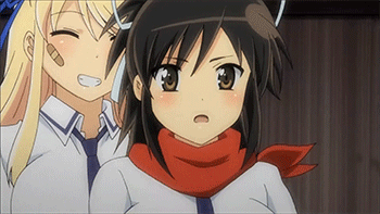 2girls, animated, asuka (senran kagura), blonde hair, blush, breast fondling, breast grab, breasts, cleavage, female, female only, grope, huge breasts, katsuragi (senran kagura), long hair, necktie between breasts, nipple squeeze, screencap, senran kagura, yuri