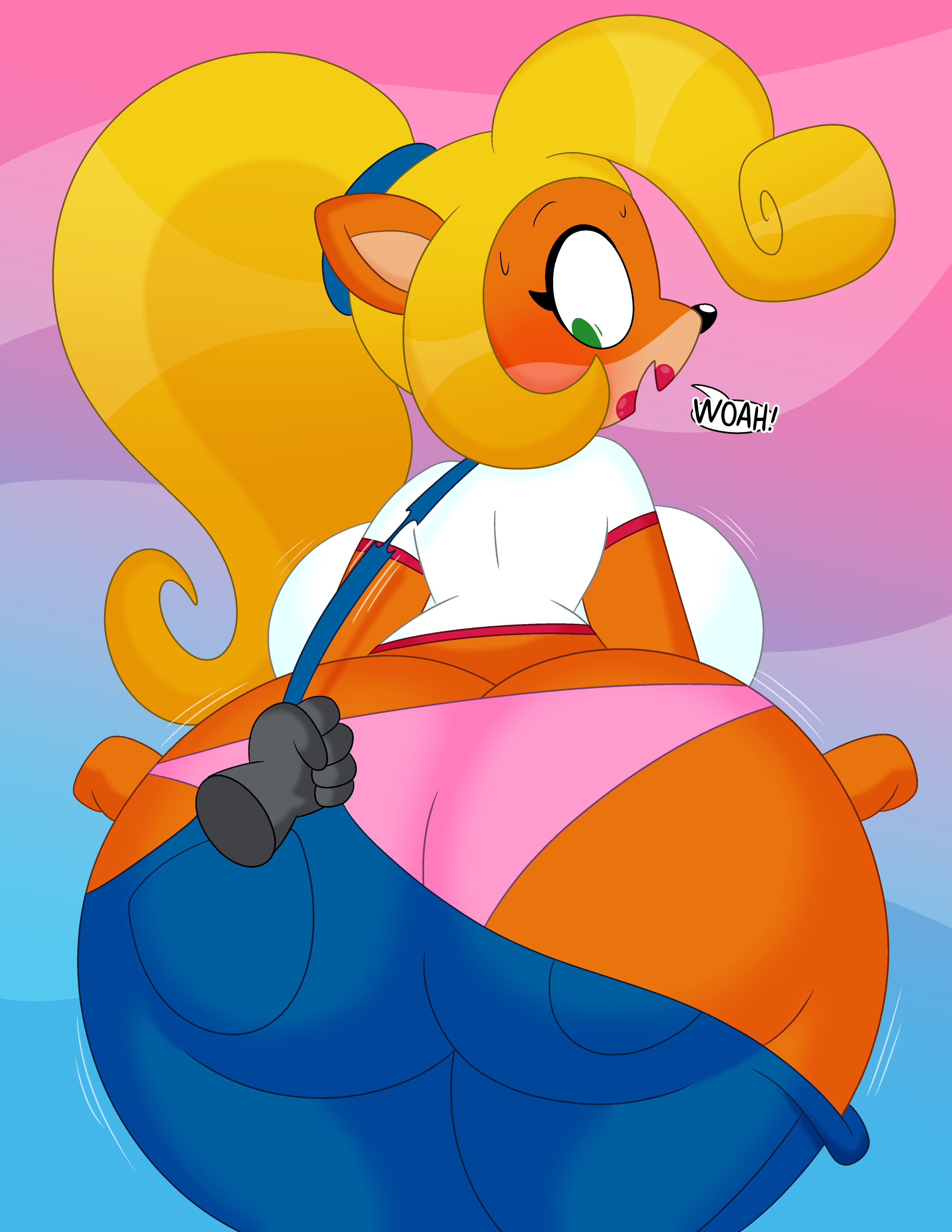 1girls, 3barts, anthro, ass, ass cleavage, ass crack, ass focus, bandicoot, bent over, big ass, big breasts, blonde hair, breasts, butt crack, clothing, coco bandicoot, crash (series), dialogue, disembodied hand, fat ass, female, huge ass, large ass, looking back, massive ass, overalls, panties, surprised, sweat, text, thick ass, thick thighs, thunder thighs, wide hips