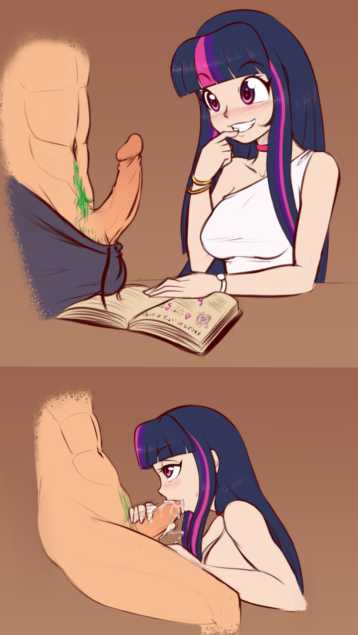 2koma, blush, book, breasts, choker, cum, cum in mouth, fellatio, female, finger biting, friendship is magic, hair, happy, hasbro, human only, humanized, jewelry, long hair, male, my little pony, nude, oral, penis, pubic hair, purple eyes, scorpdk, straight, twilight sparkle (mlp), two-tone hair, uncensored, unseen male face