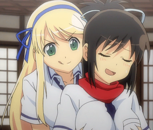 2girls, animated, asuka (senran kagura), blush, breast fondling, breast grab, breasts, cleavage, female, female only, female pervert, grope, huge breasts, katsuragi (senran kagura), licking lips, long hair, necktie between breasts, playing with breasts, screencap, senran kagura, yuri