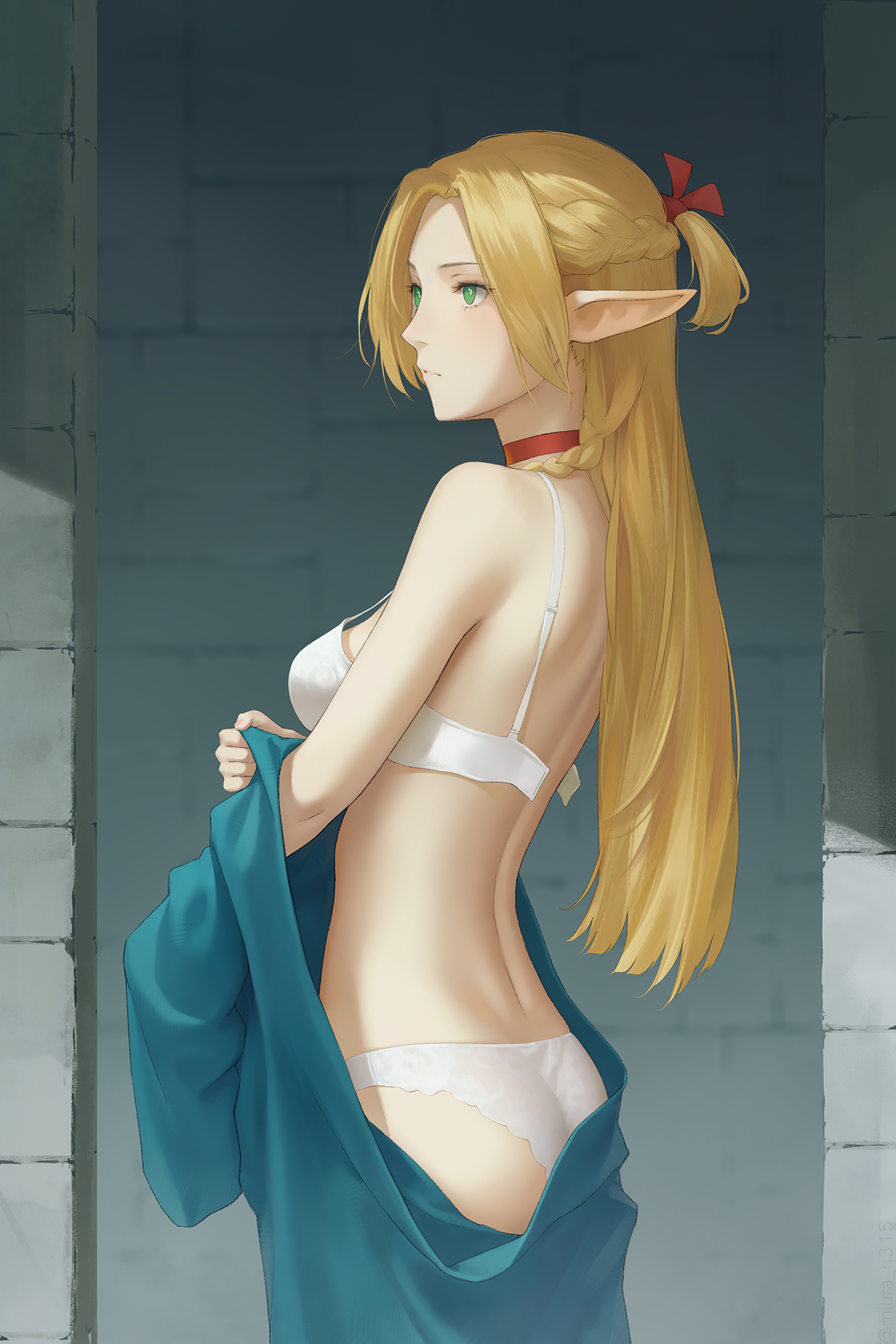 1girls, blonde female, blonde hair, braid, choker, dungeon meshi, elf, elf ears, elf female, female, green eyes, lingerie, long hair, marcille donato, miura-n315, pointy ears, undressing, white lingerie