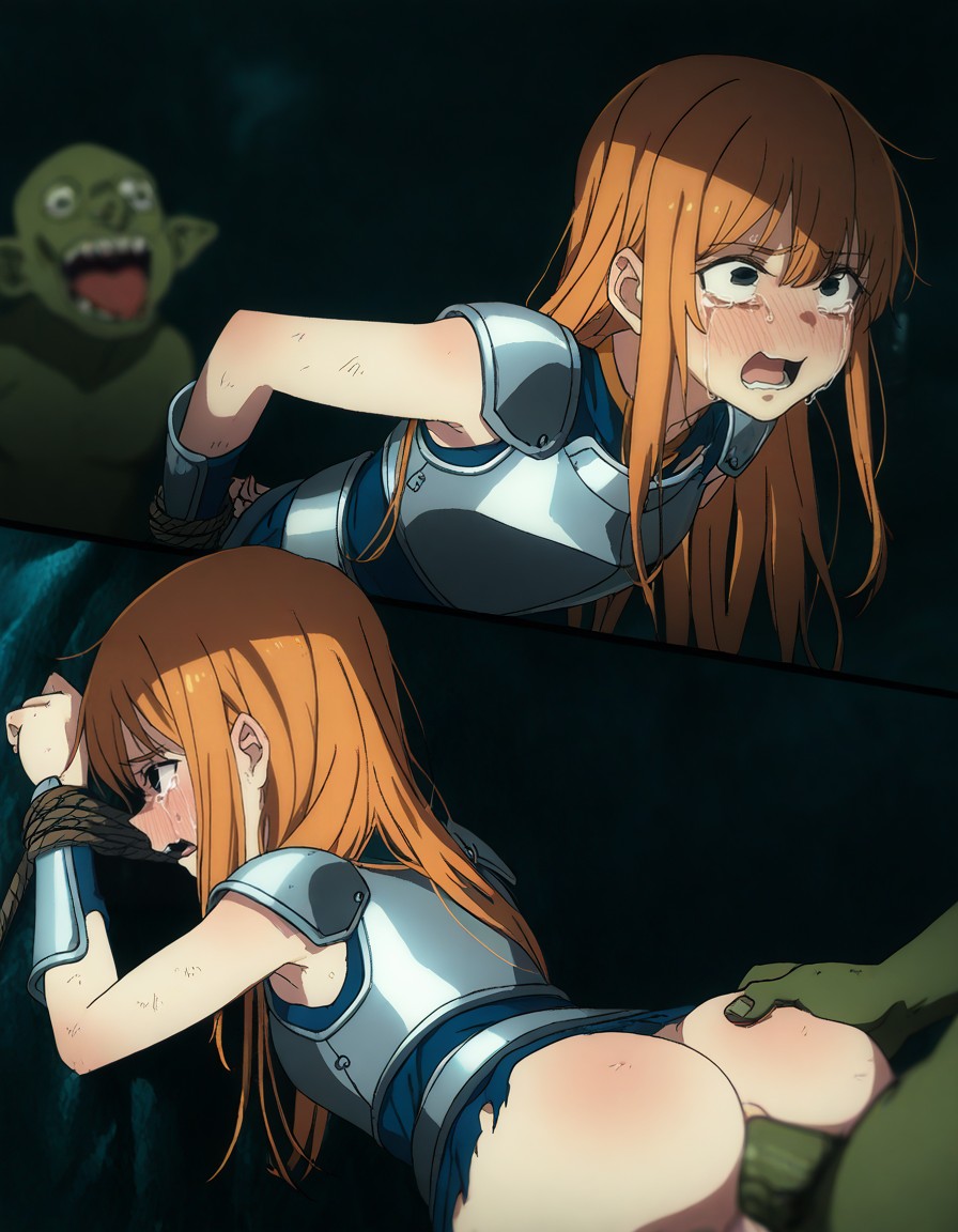 ai generated, anal, armor, crying, crying with eyes open, eggna, female, goblin, orange hair, rape, restrained, sex