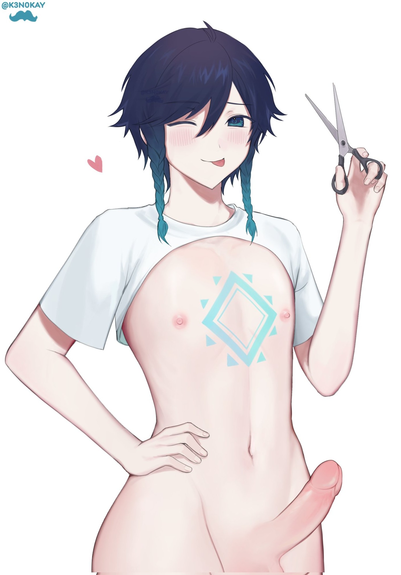 ;p, 1boy, artist name, black hair, blue eyes, body markings, braid, crop top, cutting clothes, femboy, genshin impact, heart, looking at viewer, male, male only, markings, nipples, penis, penis out, scissors, shirt, solo, tagme, tongue out, twin braids, twink, two-tone hair, venti (genshin impact), wink
