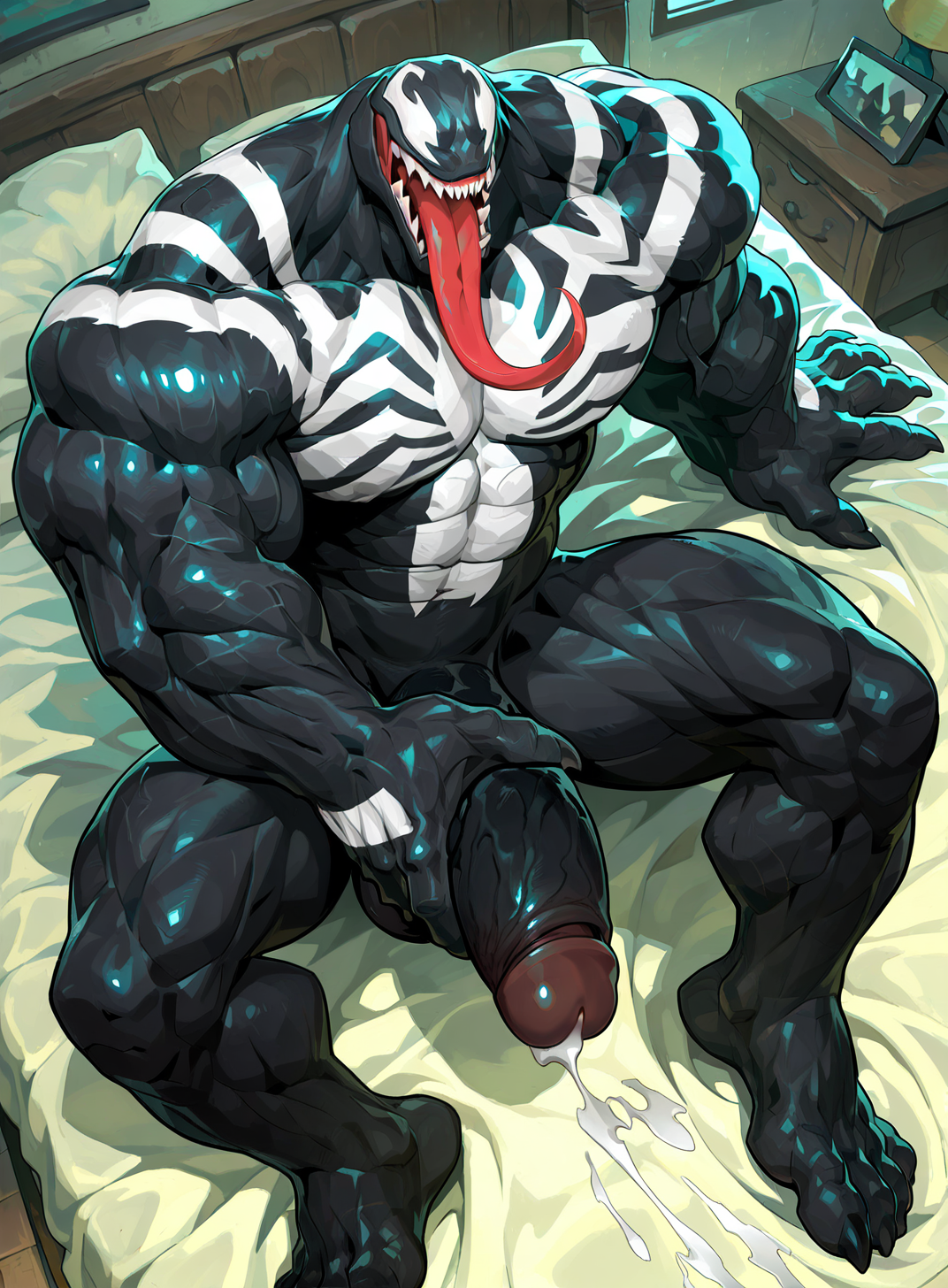1boy, ai generated, bara, barazoku, cum, drvlar, gay, male, male focus, male only, marvel, marvel rivals, monster, muscular, muscular male, penis, solo, venom, venom (marvel rivals), venom (marvel), yaoi