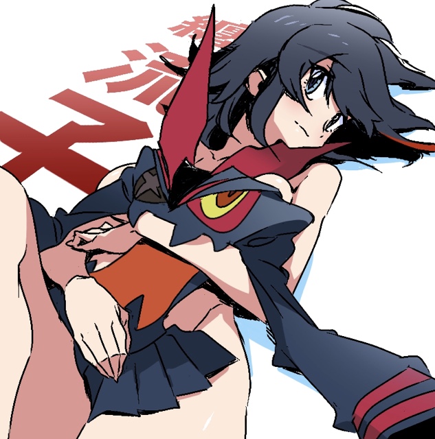 1boy, 1girls, black eyes, black hair, black-haired female, clothes in front, covering privates, female, kill la kill, looking at viewer, lying, male, matoi ryuuko, nude, nude cover, on back, q-bei, school uniform, senketsu, short hair, simple background, tagme, text background, white background