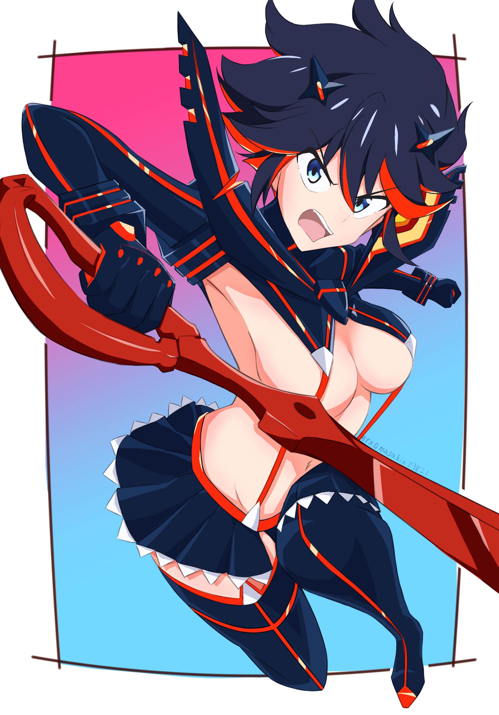 1girls, armpits, black hair, black thighhighs, black-haired female, blue eyes, border, breasts, female, female only, gradient background, highres, holding, holding weapon, kill la kill, looking at viewer, masakin, matoi ryuuko, medium breasts, messy hair, midriff, multicolored hair, navel, open mouth, revealing clothes, scissor blade (kill la kill), senketsu, short hair, showgirl skirt, skimpy clothes, skirt, streaked hair, suspender skirt, suspenders, teeth, thighhighs, two-tone hair, underboob, upper teeth only, weapon, white border