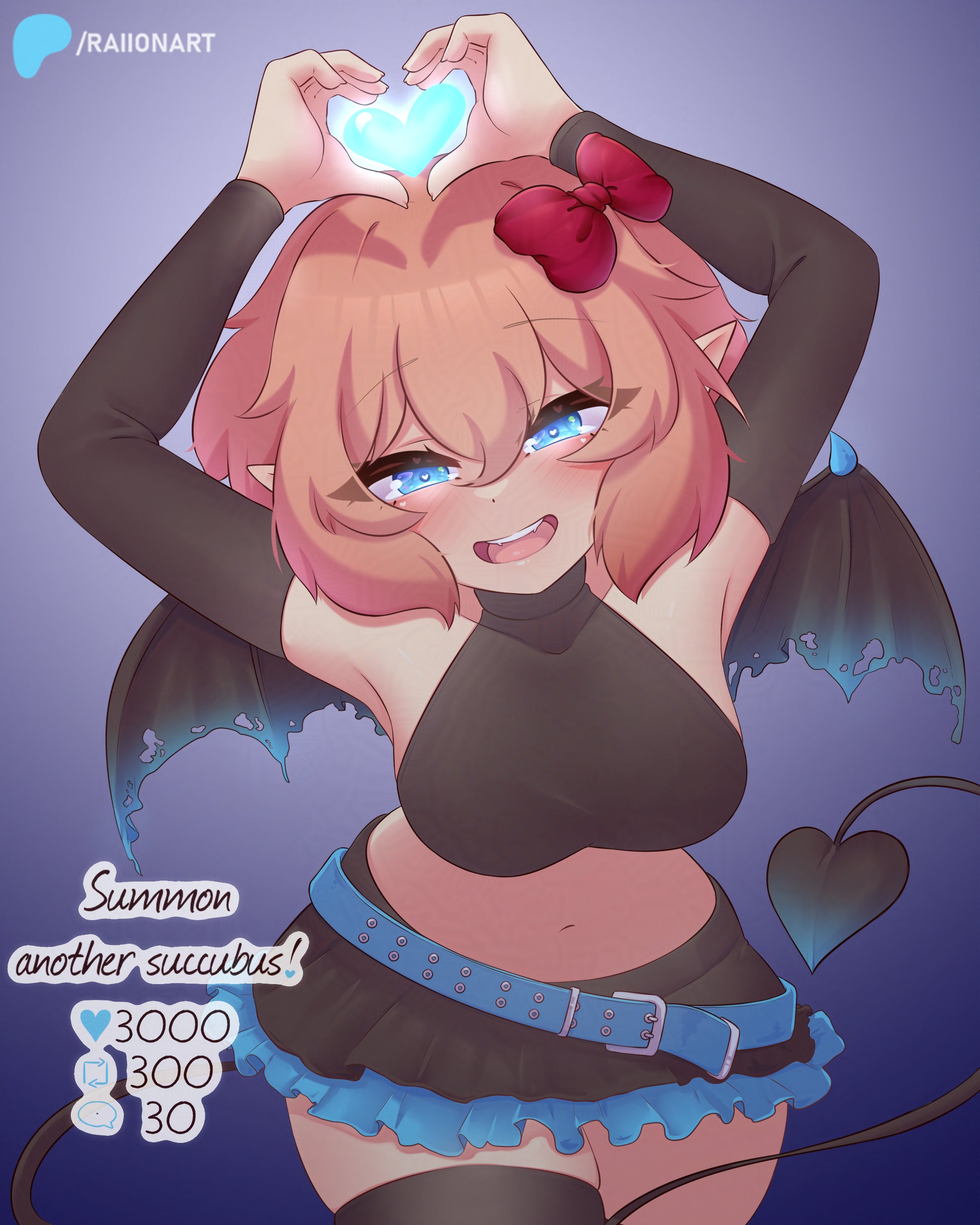 1girls, black clothing, blue eyes, bow, cheerful, close up, demon tail, doki doki literature club, energetic, enthusiastic, excited, female, gesture, hairbow, happy, heart hands, pink hair, portrait, raionart, red bow, sayori (doki doki literature club), simple background, smile, succubus, tail