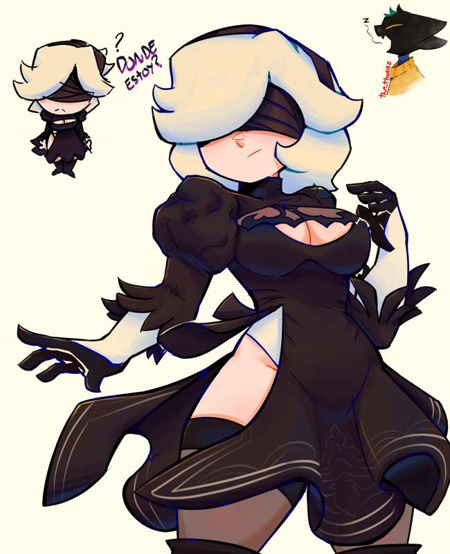 black blindfold, blindfold, brawl stars, breasts, colette (brawl stars), nier: automata, spanish text, the thunaz, translated, white hair, yorha 2b (cosplay)
