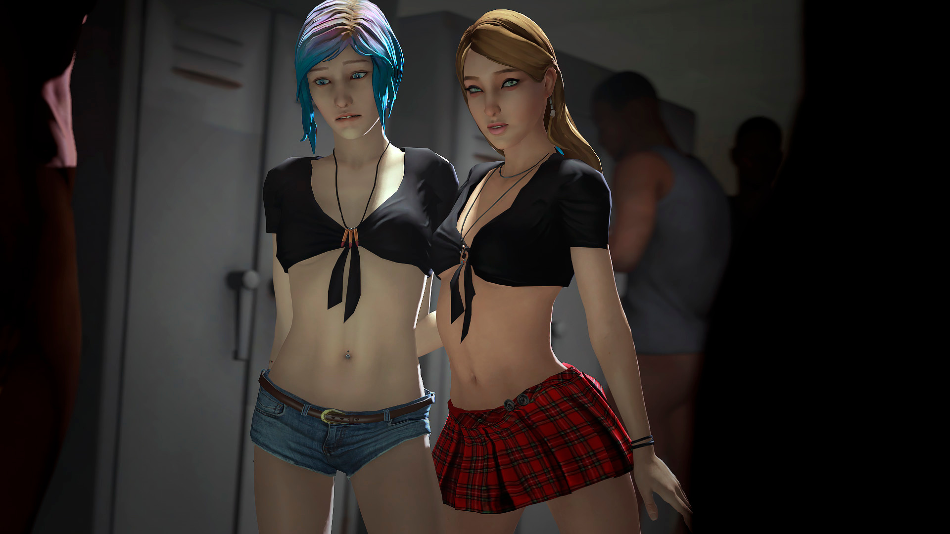 2girls, 3d, blonde hair, blue hair, bottomwear, chloe price, clothed, clothing, dyed hair, female, female focus, fugtrup, human, jean shorts, life is strange, locker room, long hair, male, minishorts, miniskirt, multiple boys, multiple females, multiple girls, multiple males, navel, navel piercing, necklace, neckwear, plaid skirt, rachel amber, short hair, shorts, skimpy, tied shirt, topwear