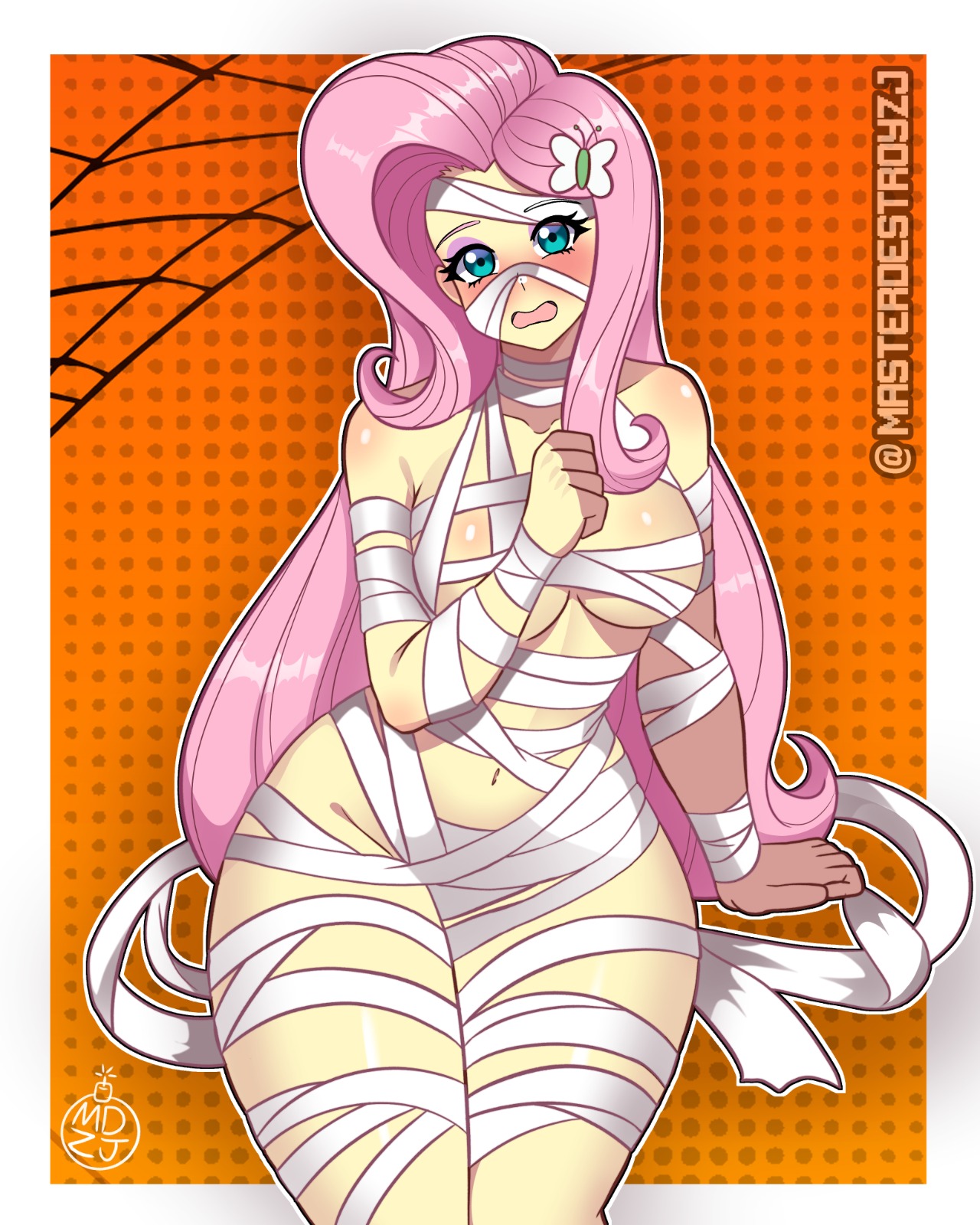big breasts, big thighs, big titties, breasts, clothing, curvaceous, curvy figure, curvy hips, equestria girls, female, female focus, female only, fluttershy (eg), fluttershy (mlp), green eyes, halloween, halloween costume, long hair, looking at viewer, masterdestroyzj, mummy, mummy costume, my little pony, pink hair, rubber, yellow skin